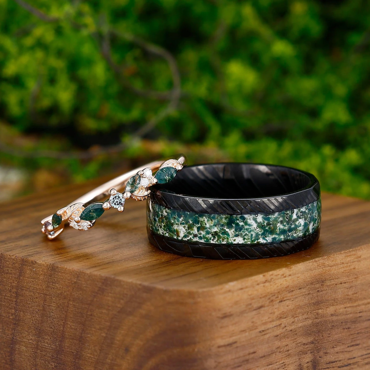 Moss Agate Couples Ring 925 Sterling Silver Matching Nature