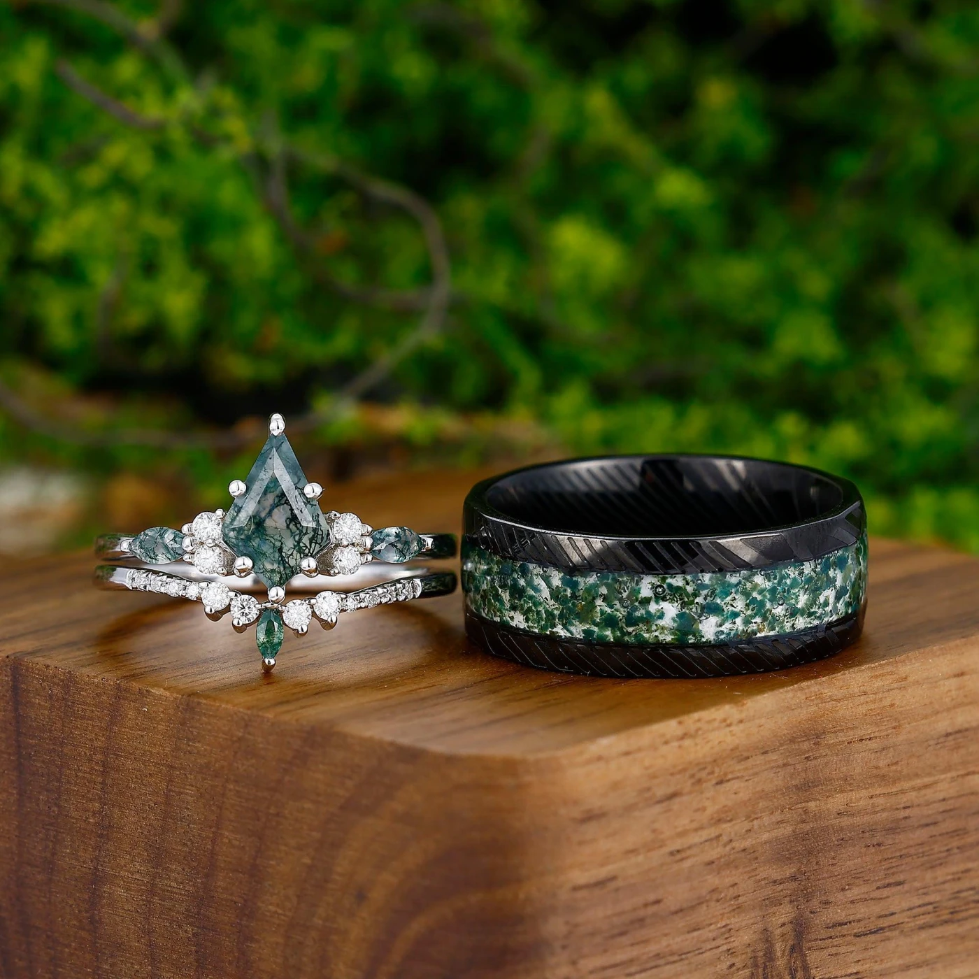 Vintage Kite Green Moss Agate Ring Couples Ring Set 925 Sliver His and Hers Wedding Band - view 3