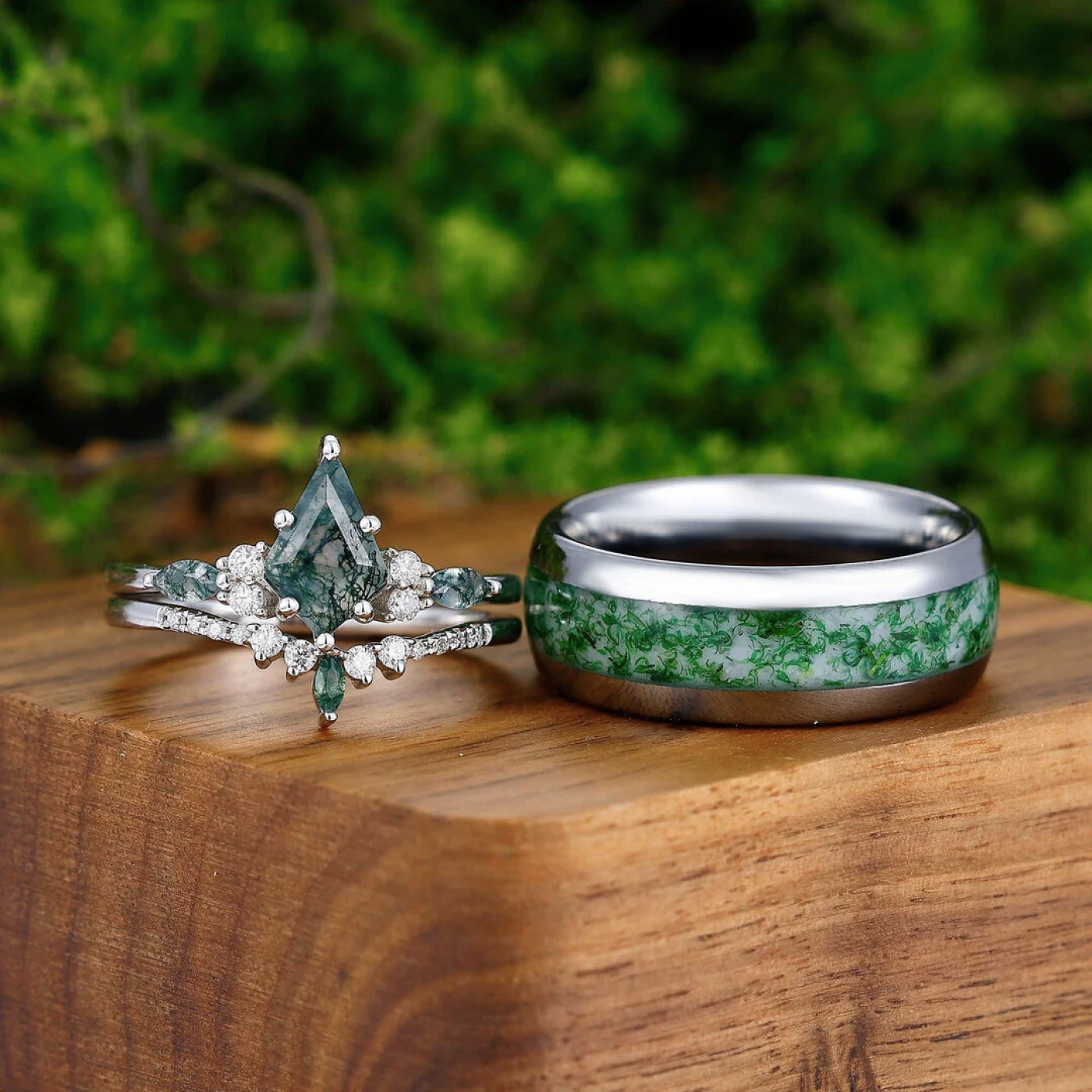 Vintage Kite Moss Agate His and Hers Wedding Band 925 Sterling