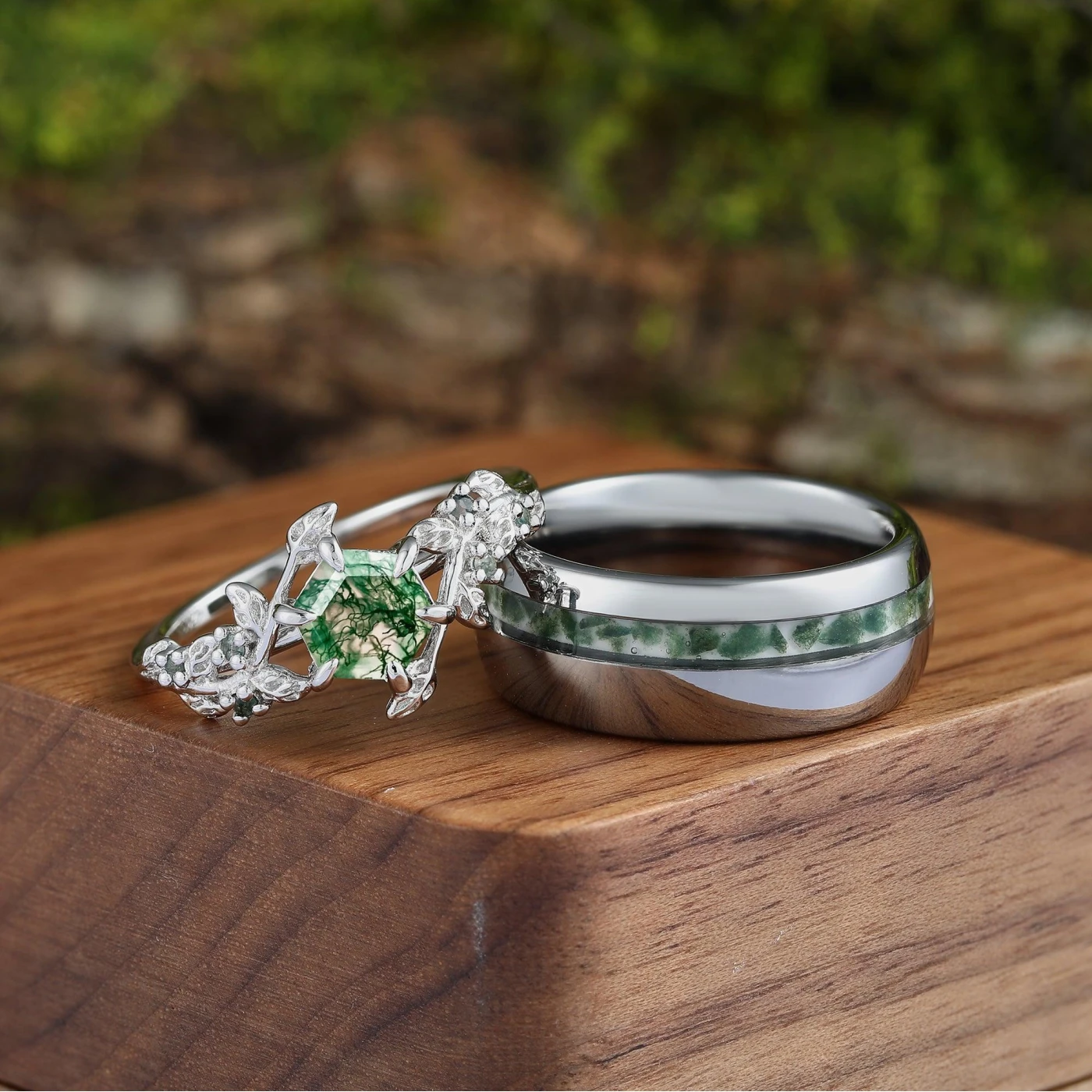 Hexagon Cut Green Moss Agate Leaf Couples Ring Set His and Hers