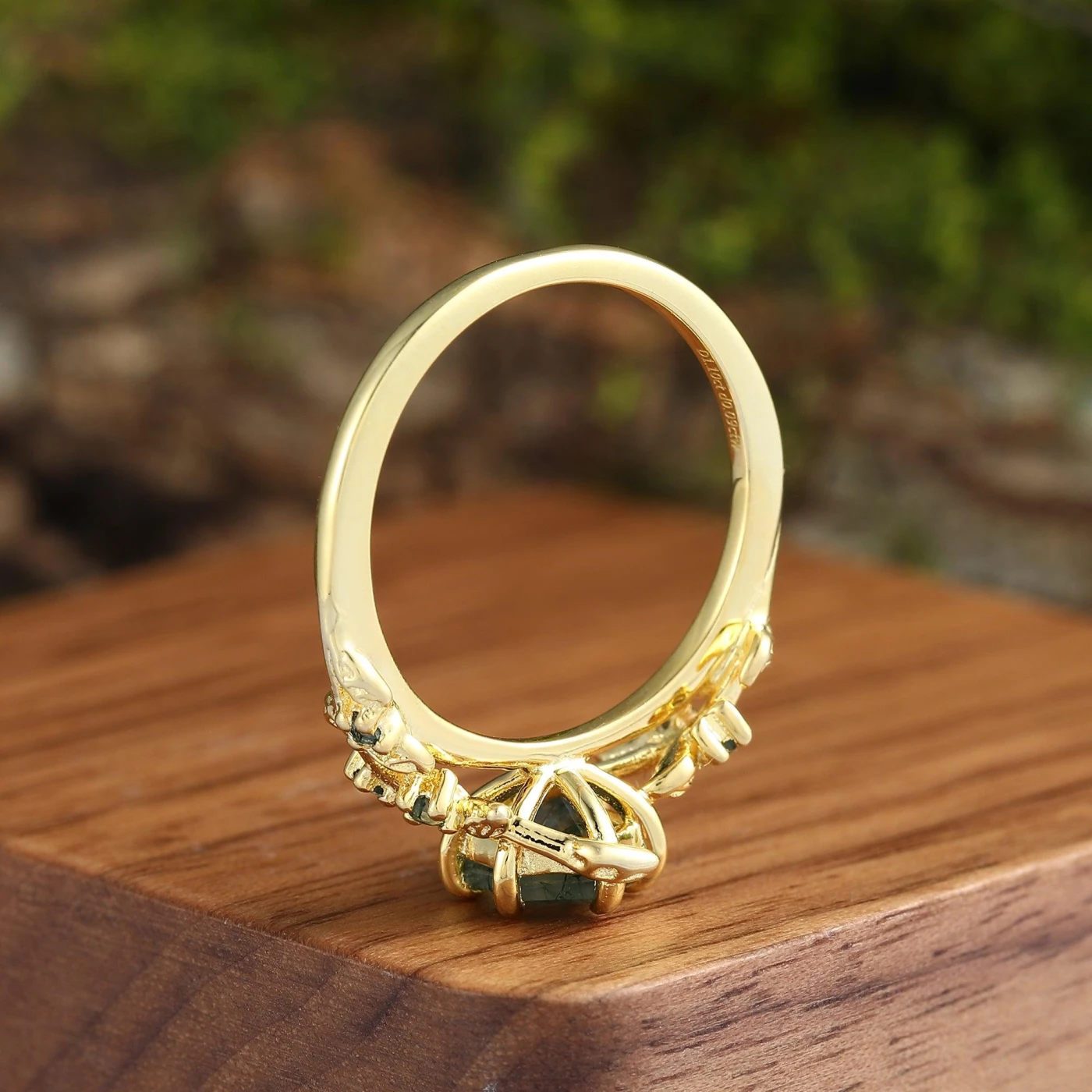 Hexagon Cut Moss Agate Green Emerald Gold Leaf Couples Ring Set His and Hers Leaf Wedding Band - view 6