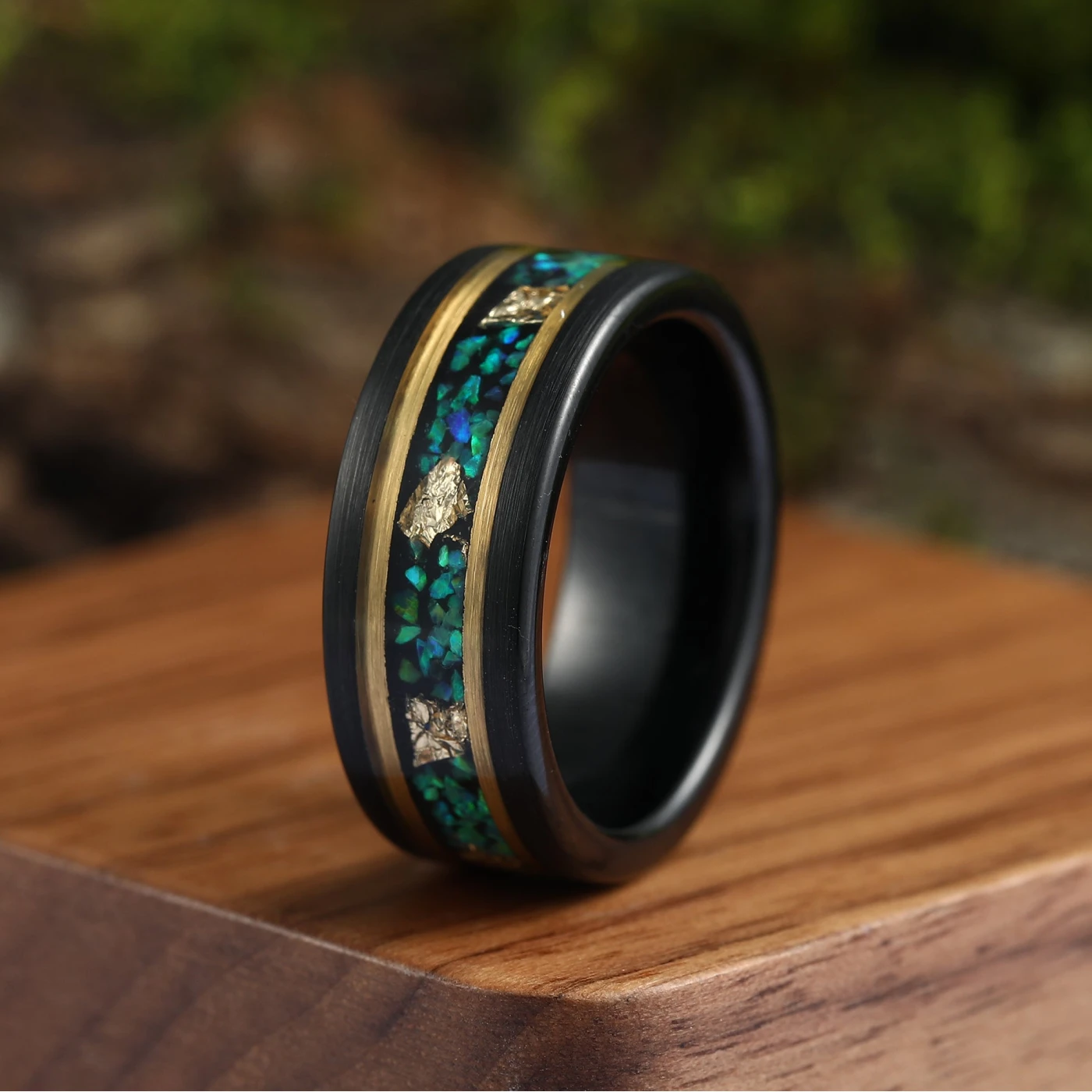 Hexagon Cut Moss Agate Green Emerald Gold Leaf Couples Ring Set His and Hers Leaf Wedding Band - view 4