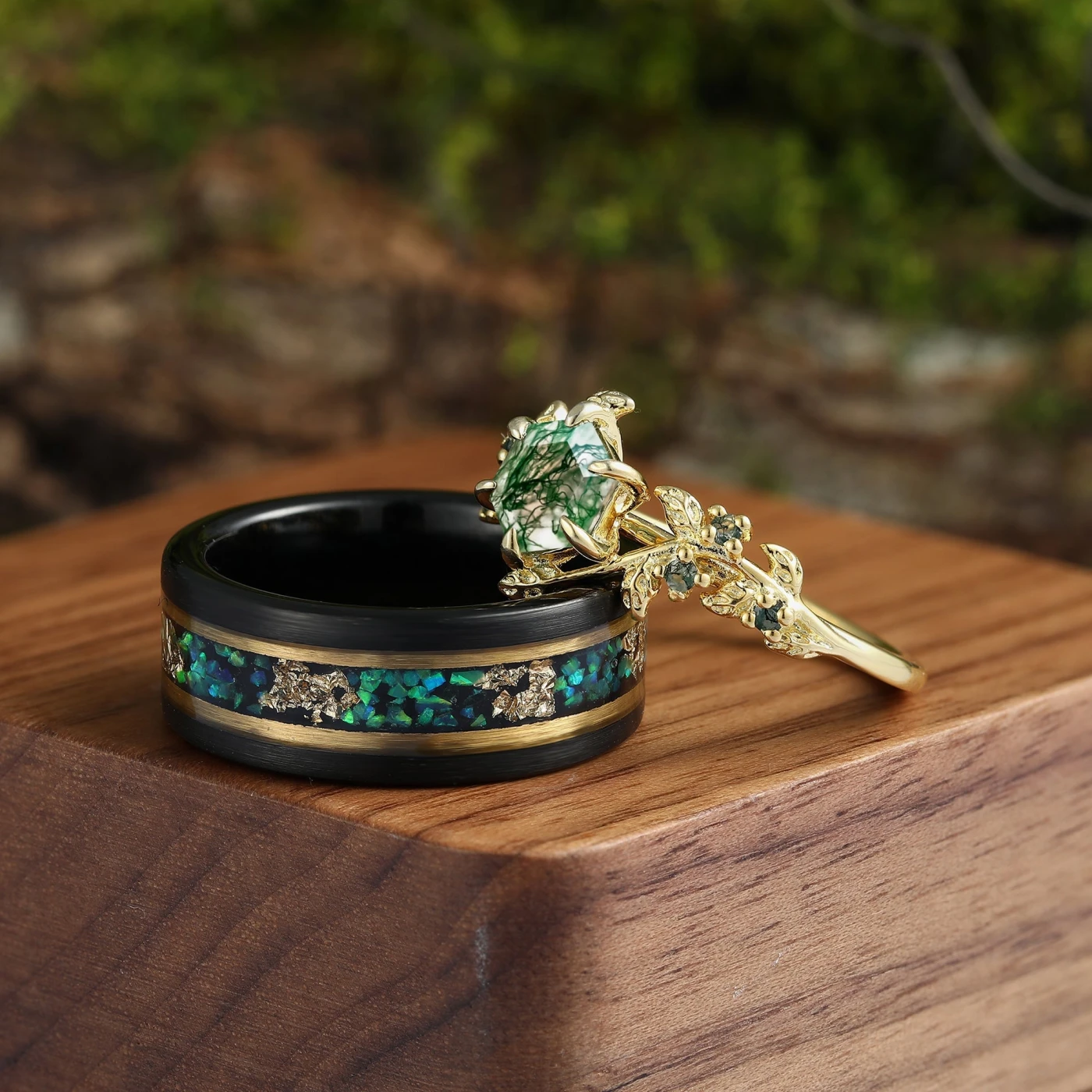 Hexagon Cut Moss Agate Green Emerald Gold Leaf Couples Ring Set His and Hers Leaf Wedding Band - view 7