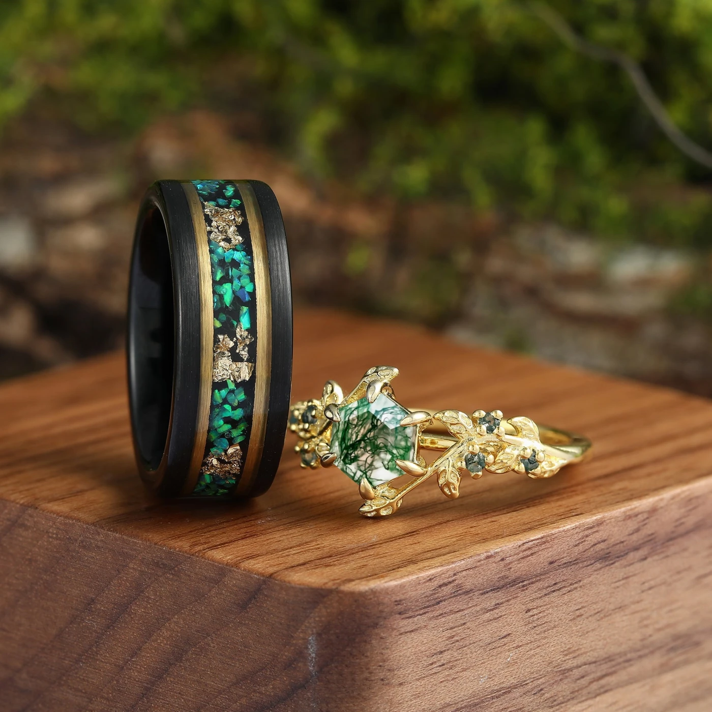 Hexagon Cut Moss Agate Green Emerald Gold Leaf Couples Ring Set His and Hers Leaf Wedding Band - view 3