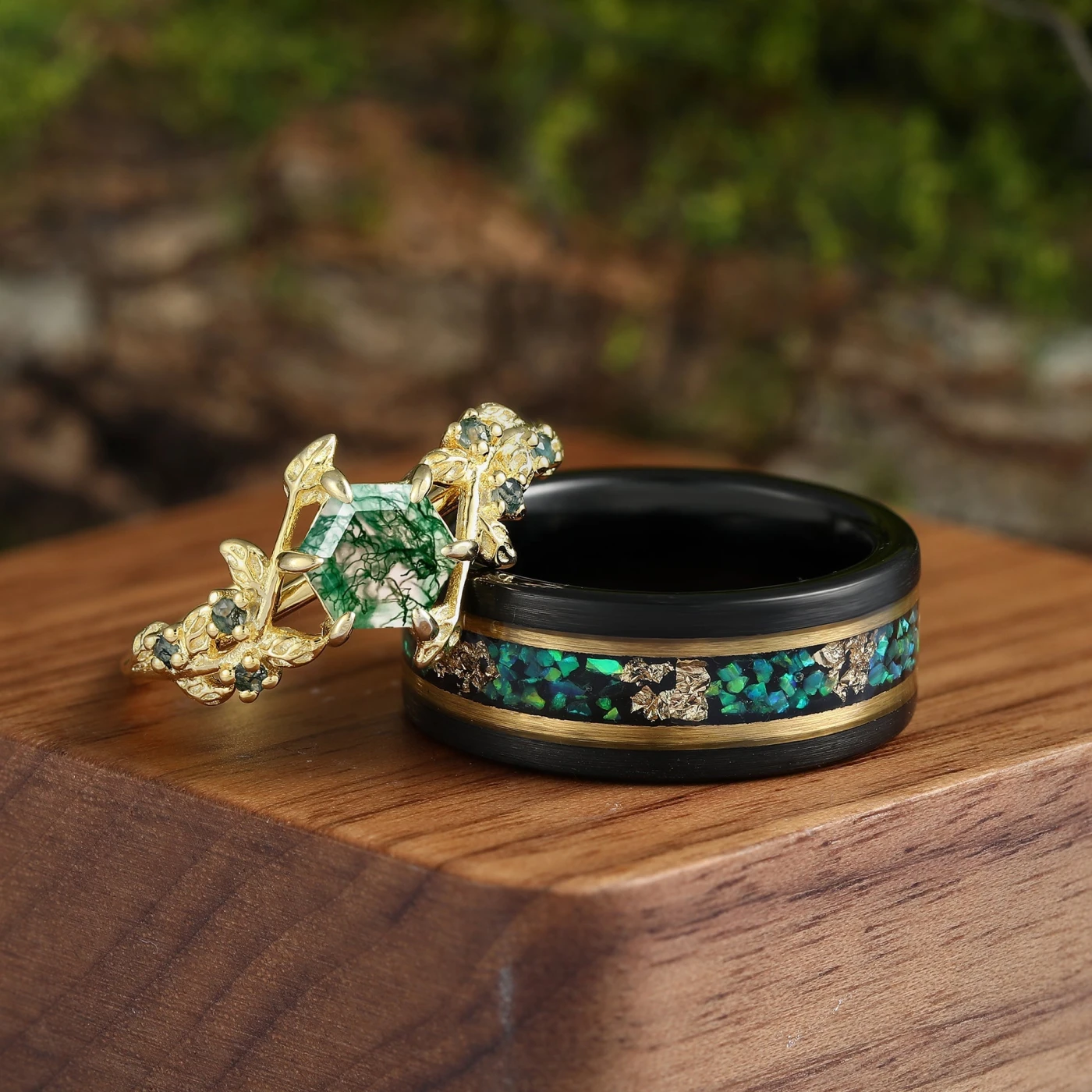 Hexagon Cut Moss Agate Green Emerald Gold Leaf Couples Ring Set