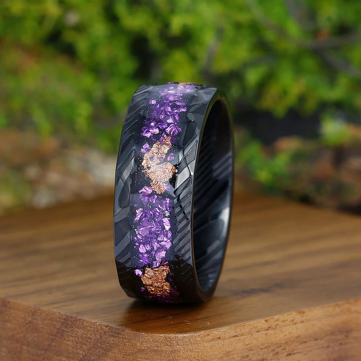 Hammered Damascus Steel - Crushed Gold Foil and Amethyst Inlay Promise Ring