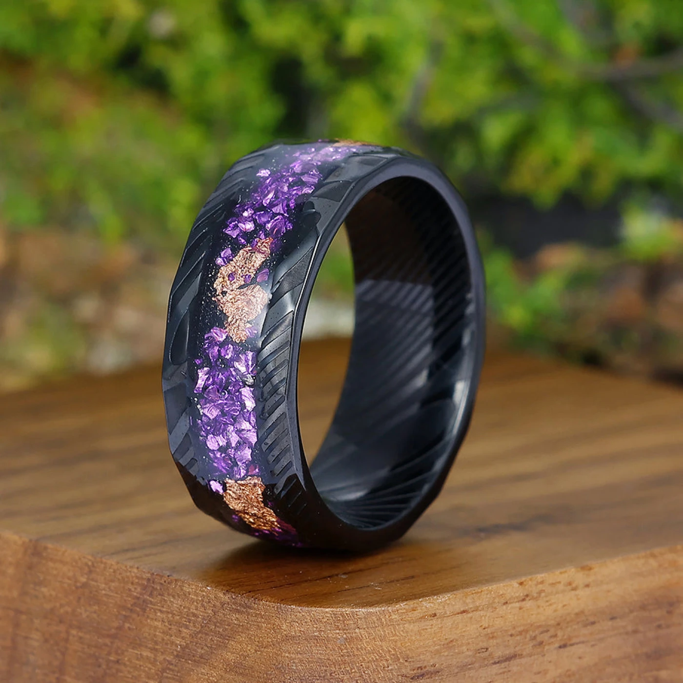 Hammered Damascus Steel - Crushed Gold Foil and Amethyst Inlay Men’s Promise Ring Unisex Bands - view 3