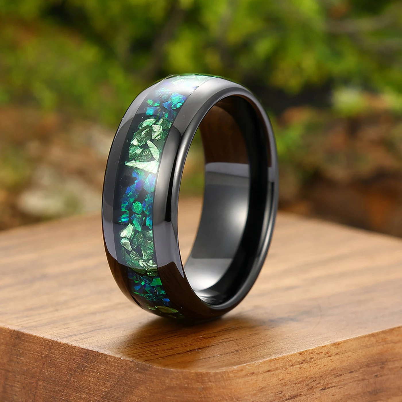 Green Emerald Peacock Green Opal Inlay Mens Tungsten Ring 8mm Wedding Band