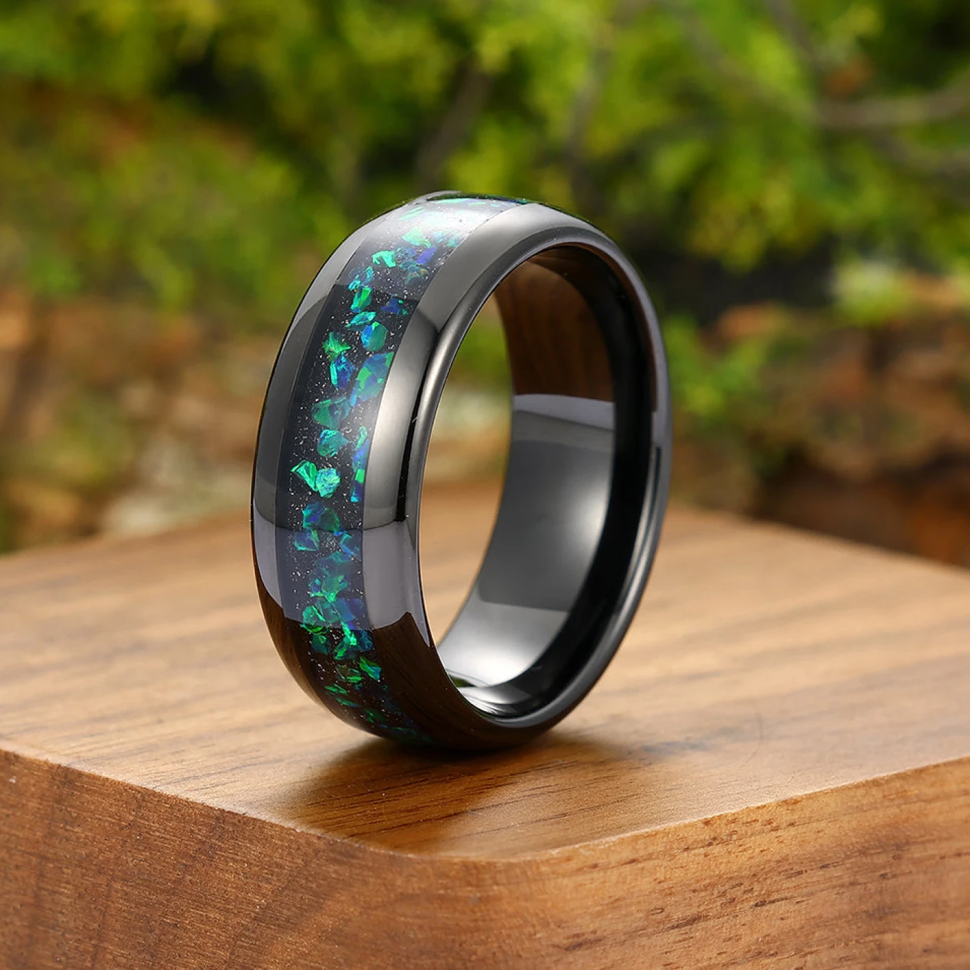 Unique Peacock Green Opal Inlay Tungsten Carbide Mens Ring Black Wedding Band