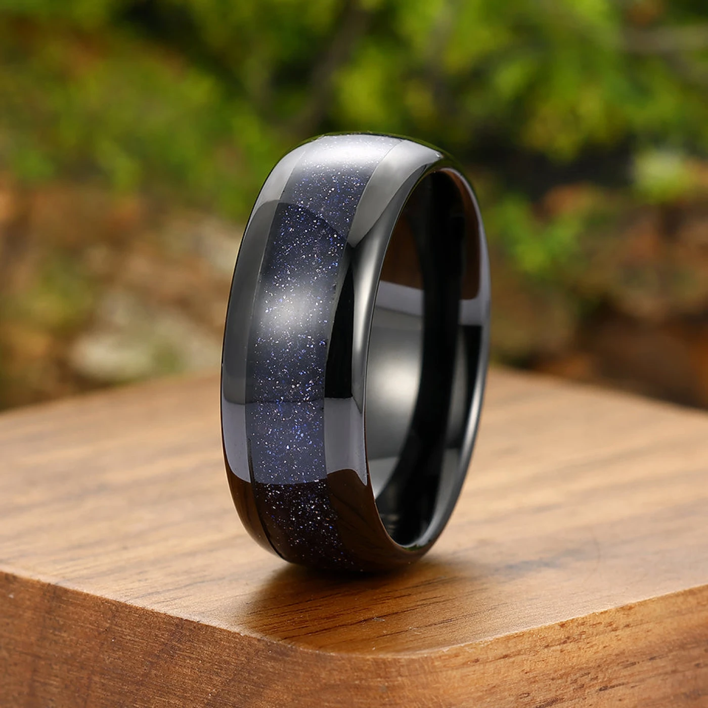 Starry Blue Sandstone Tungsten Carbide Mens Ring Promise Ring For Women And Men Cool Polished Dome Band - view 4