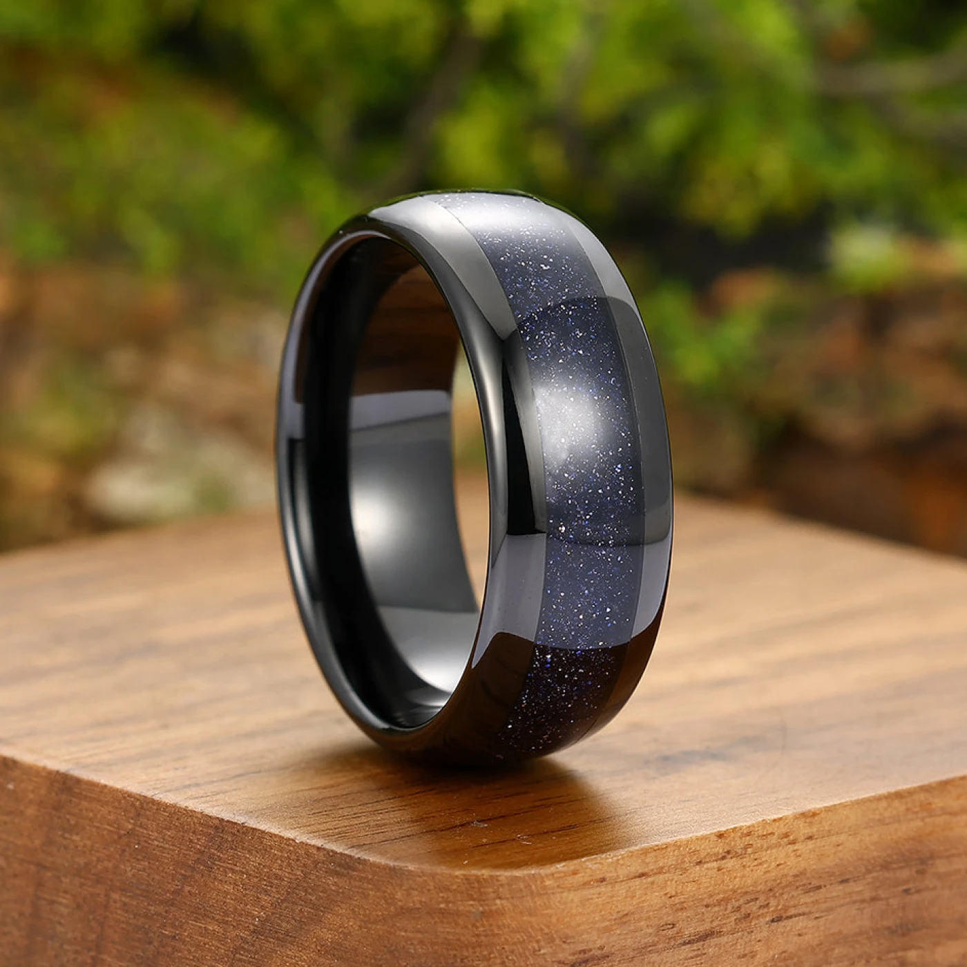 Starry Blue Sandstone Tungsten Carbide Mens Ring Promise Ring For Women And Men Cool Polished Dome Band - view 3