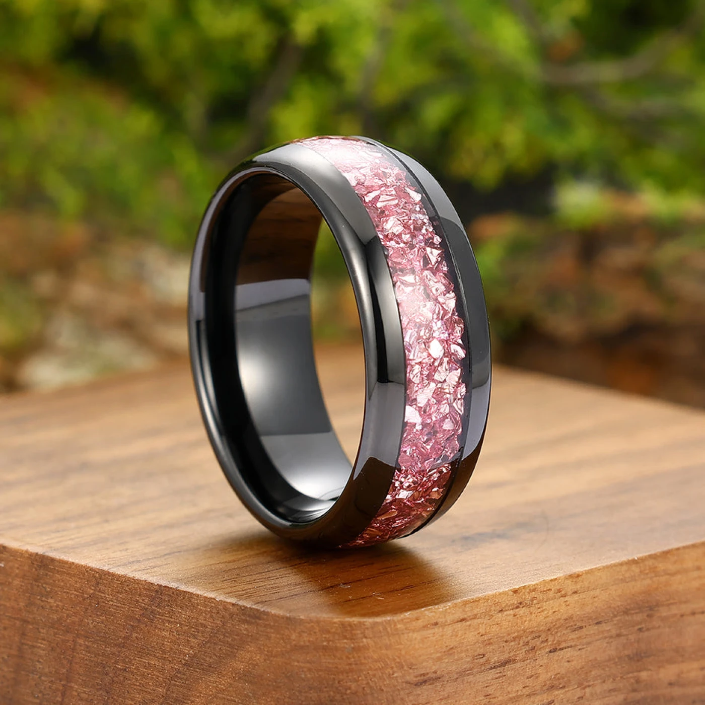 Stylish Pink Sapphire Tungsten Carbide Mens Ring Handmade Unisex 8mm Wedding Band Promise Ring For Couple - view 3