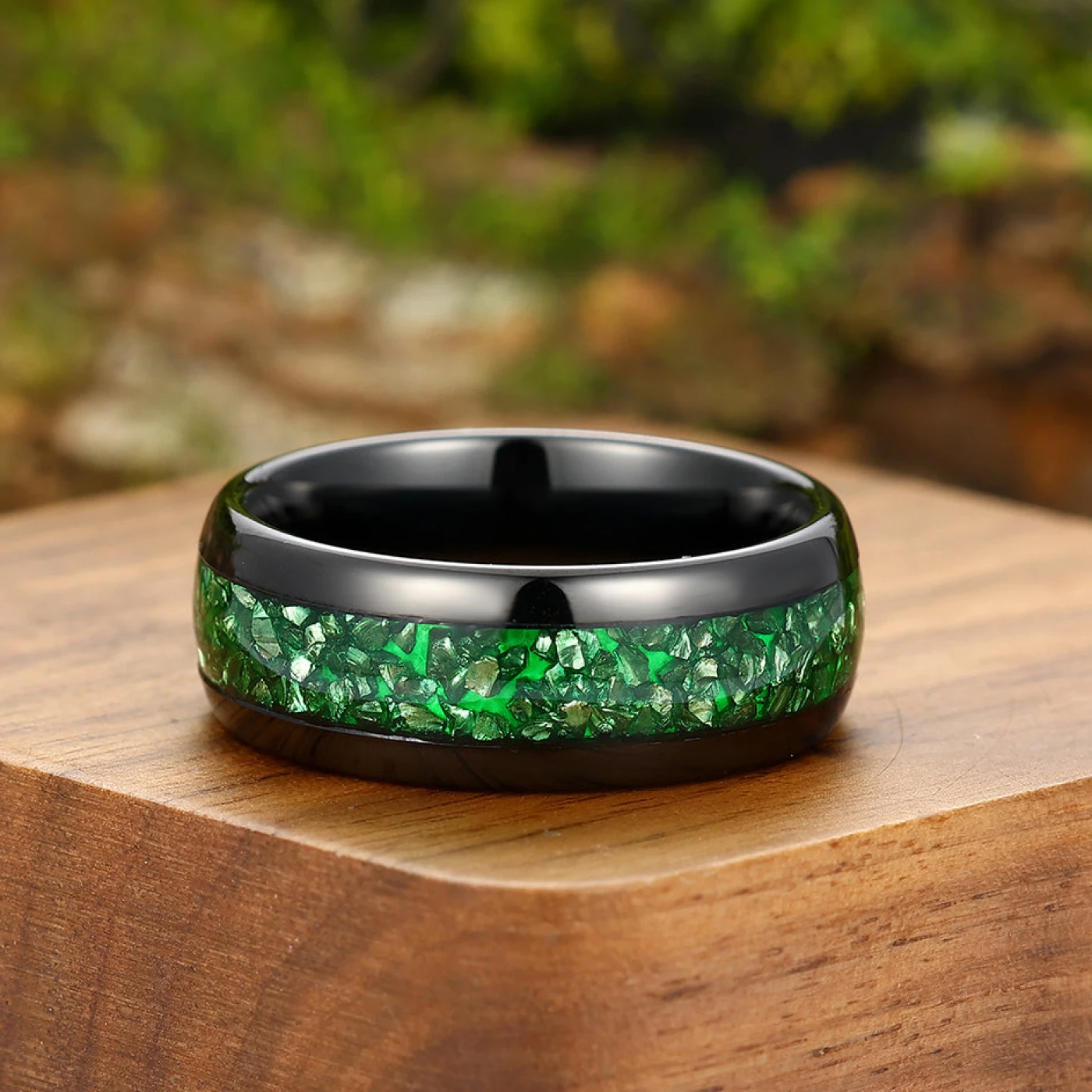 Modern Emerald Inlay Mens Tungsten Ring Green Black Unisex Wedding Band Personalized Tungsten Wedding Ring - view 2