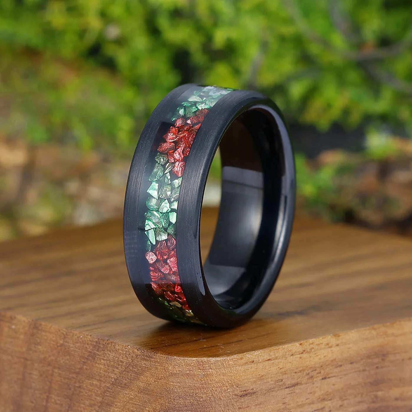 Unique Two-tone Emerald Ruby Mens Tungsten Ring Promise Black Wedding Band