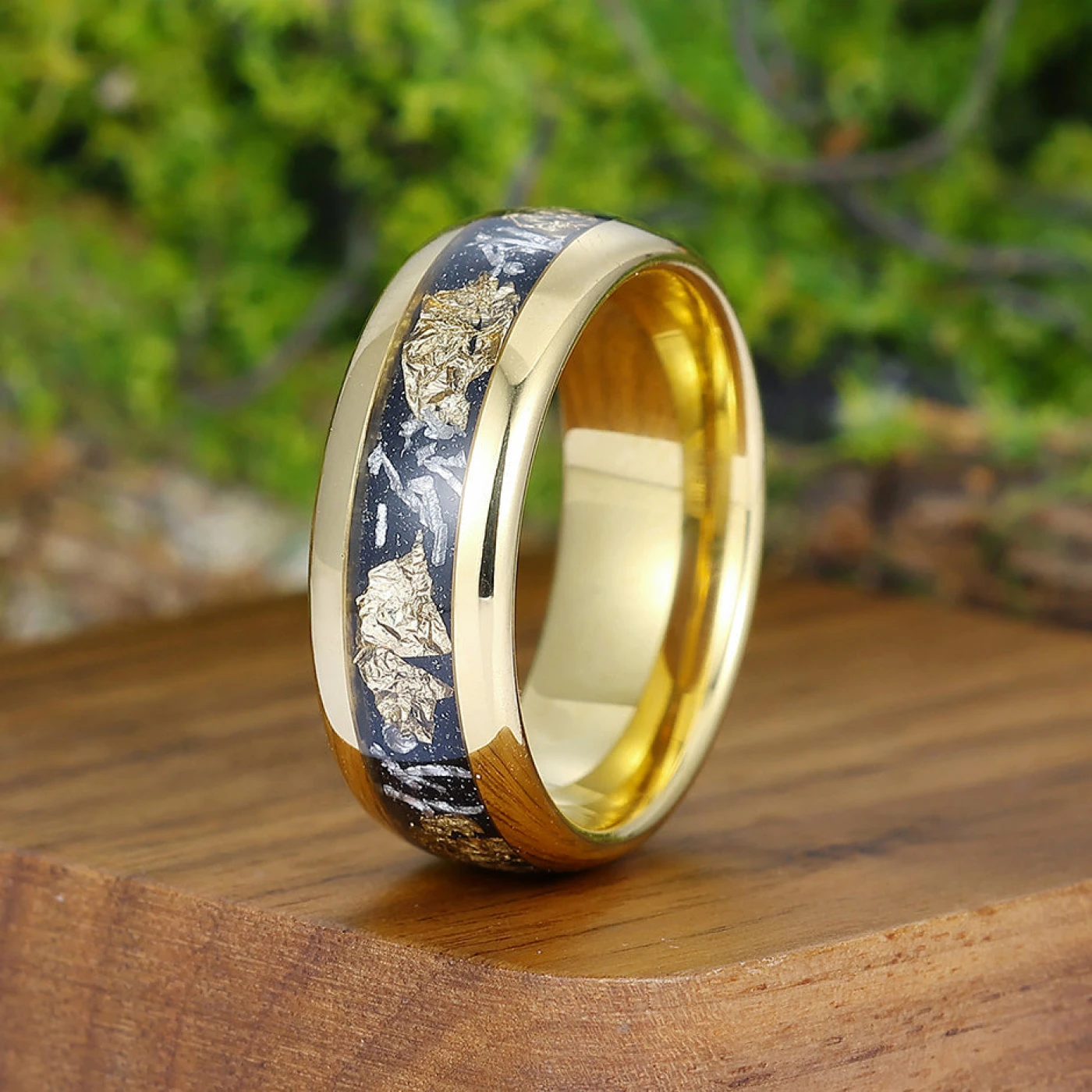 Meteorite Gold Foil Mens Tungsten Ring Yellow Gold Anniversary Wedding Band