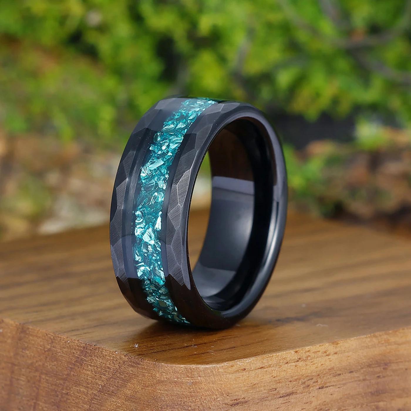 Crushed Aquamarine Tungsten Mens Wedding Band Promise Black Stack