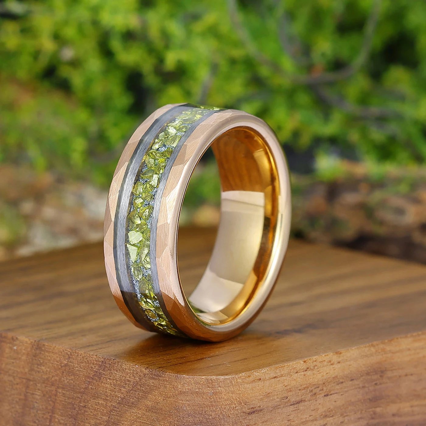 Crushed Peridot Wedding Band Yellow Green Mens Tungsten Ring