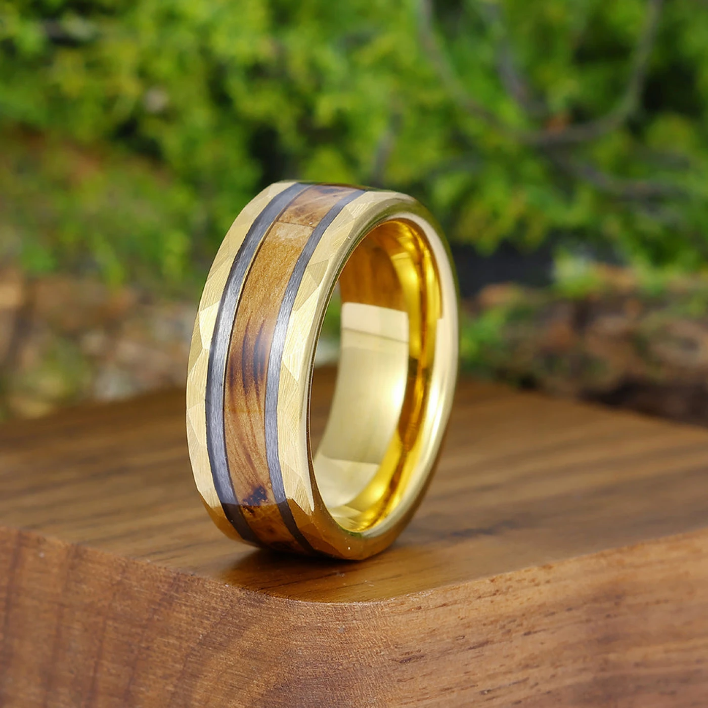Unique Hammered Wood Men' s Tungsten Wedding Band Unisex Wooden Anniversary Brithday Ring - view 2