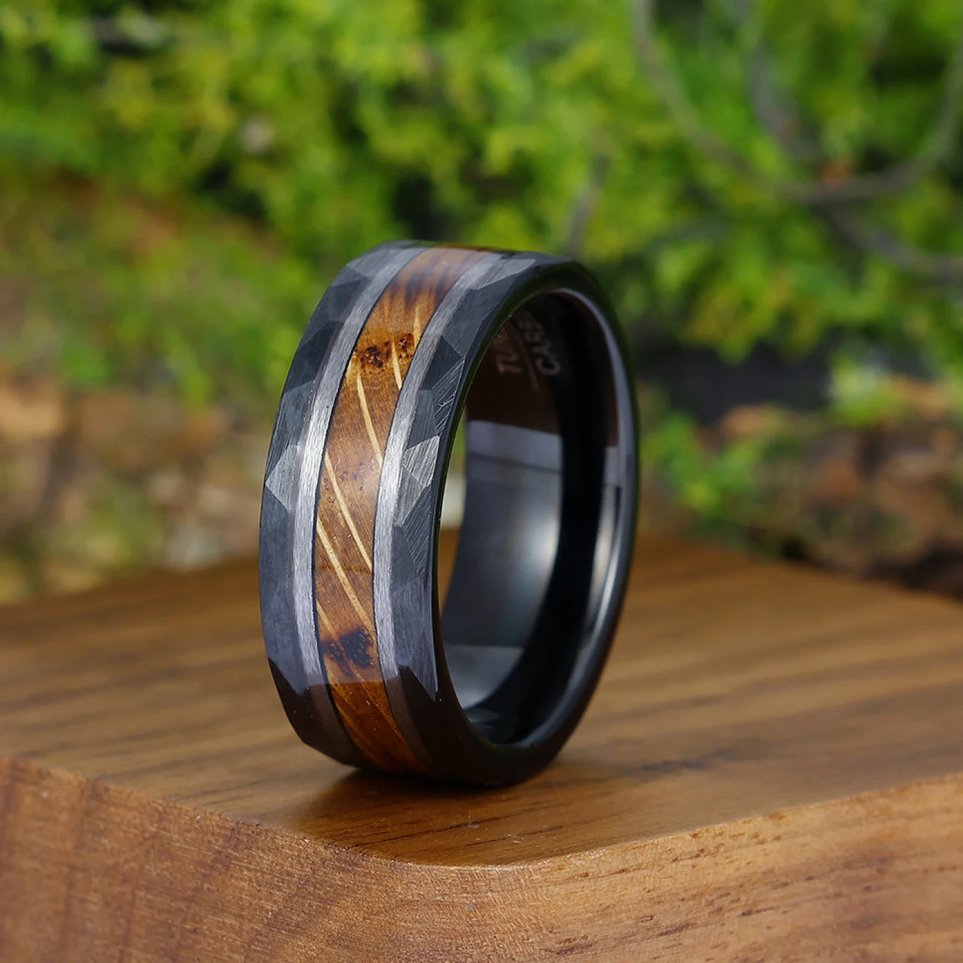 Unique Hammered Wood Men' s Tungsten Wedding Band Unisex Wooden