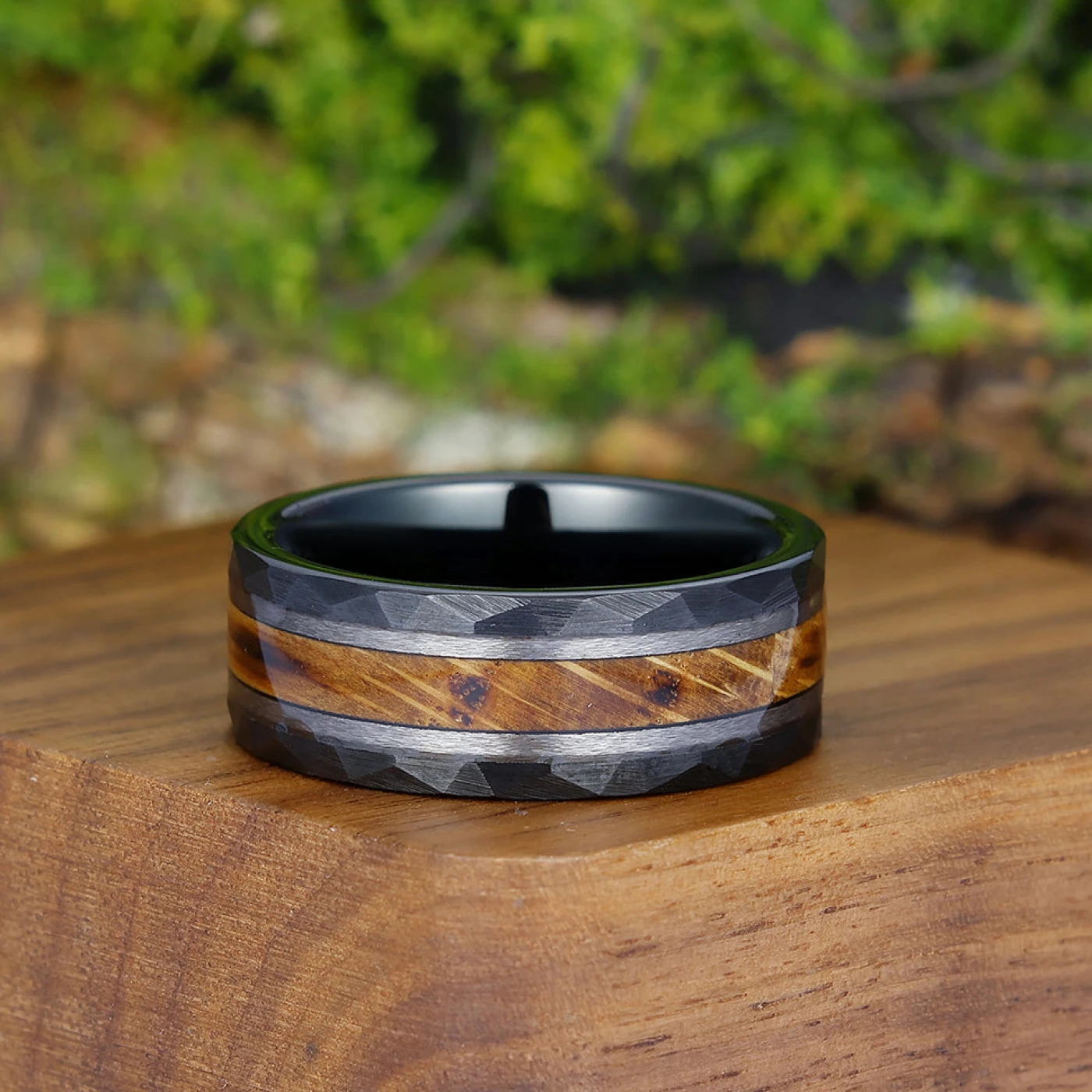 Unique Hammered Wood Men' s Tungsten Wedding Band Unisex Wooden Anniversary Brithday Ring - view 6