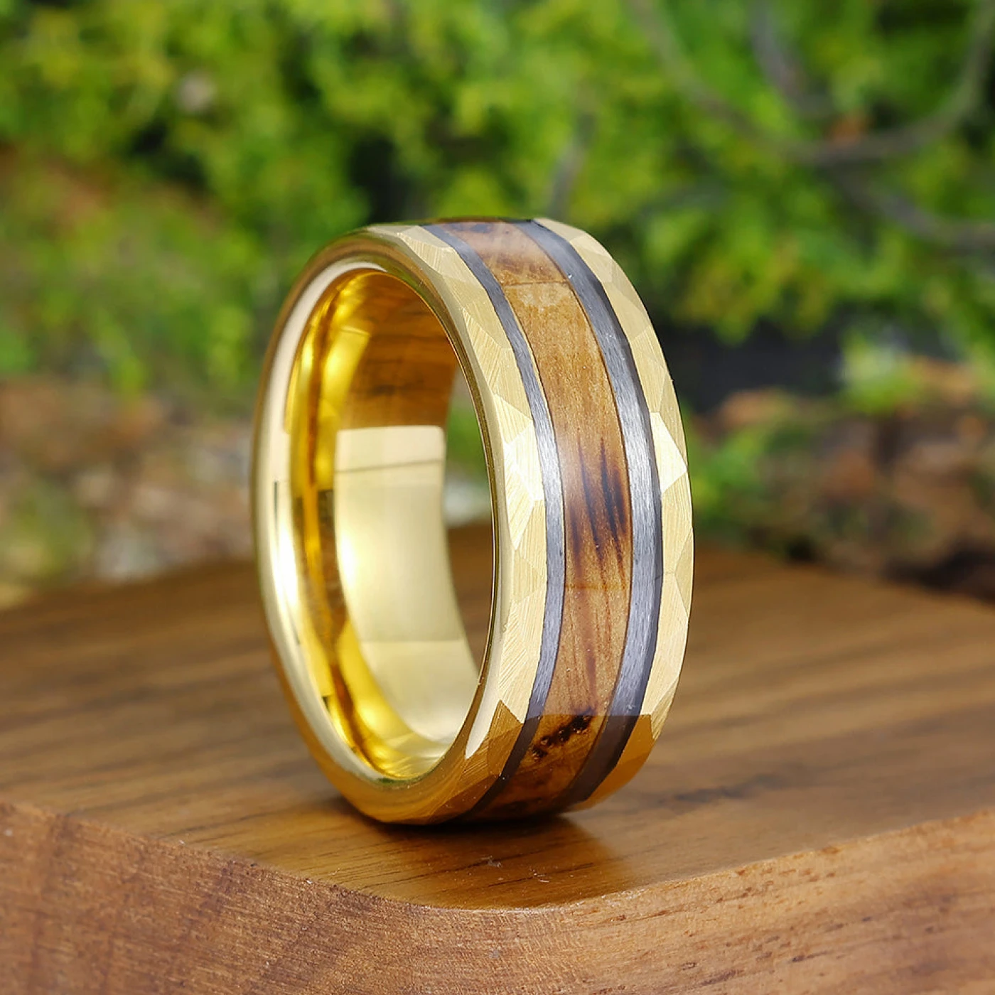 Unique Hammered Wood Men' s Tungsten Wedding Band Unisex Wooden Anniversary Brithday Ring - view 5