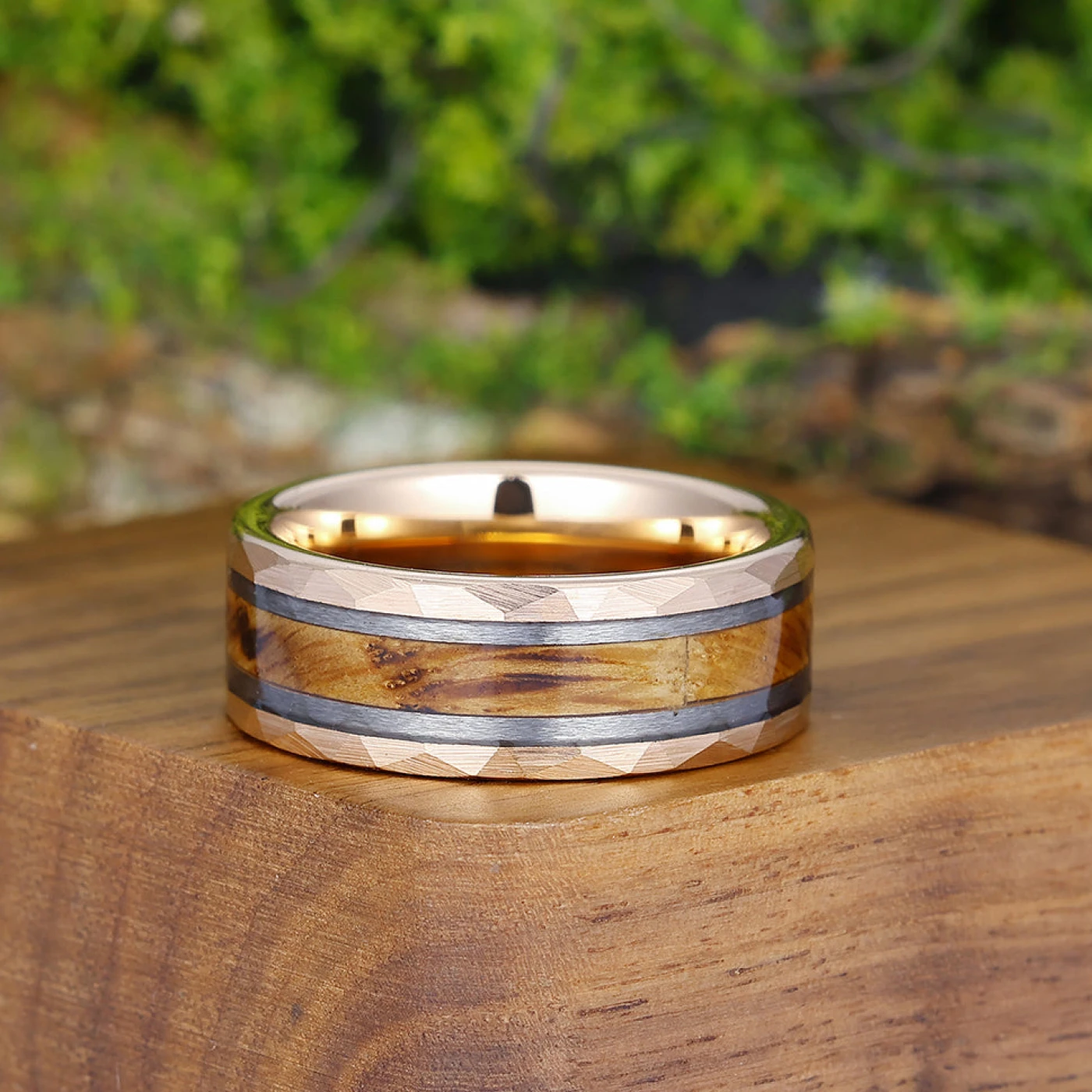Unique Hammered Wood Men' s Tungsten Wedding Band Unisex Wooden Anniversary Brithday Ring - view 8