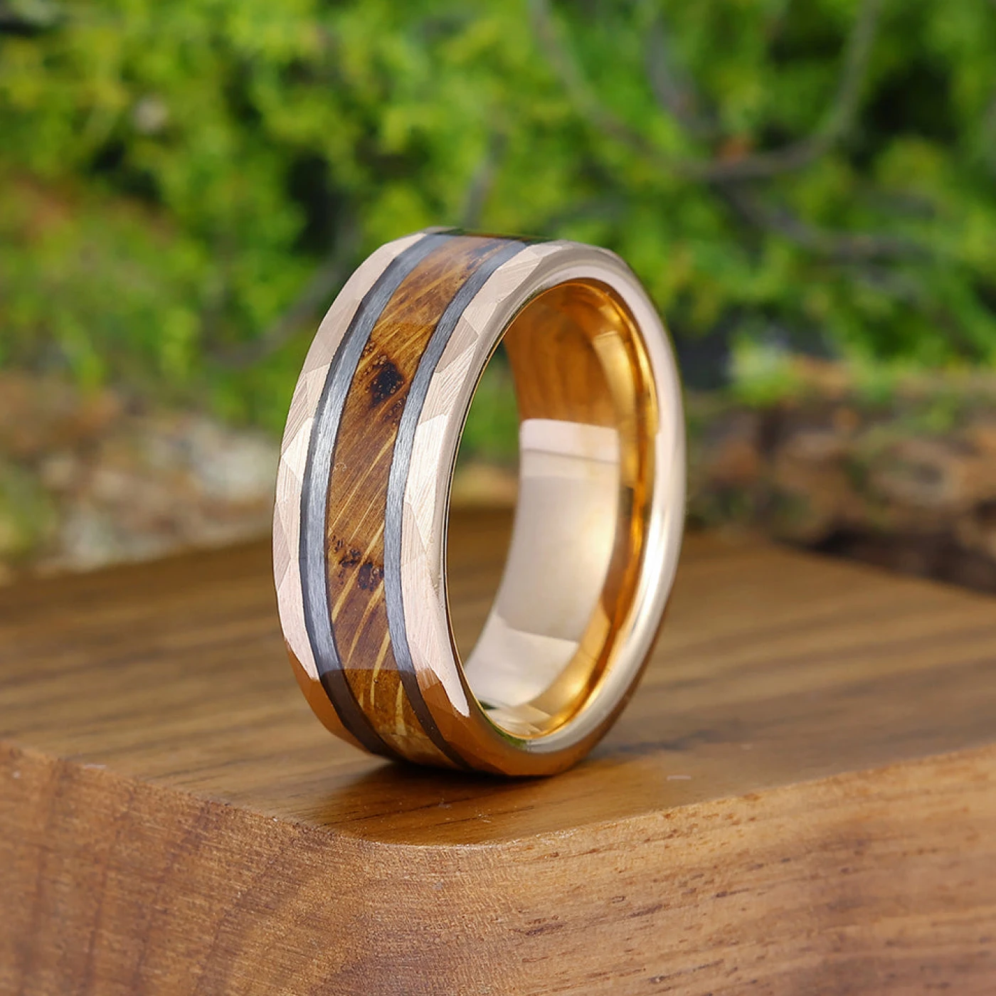 Unique Hammered Wood Men' s Tungsten Wedding Band Unisex Wooden Anniversary Brithday Ring - view 3