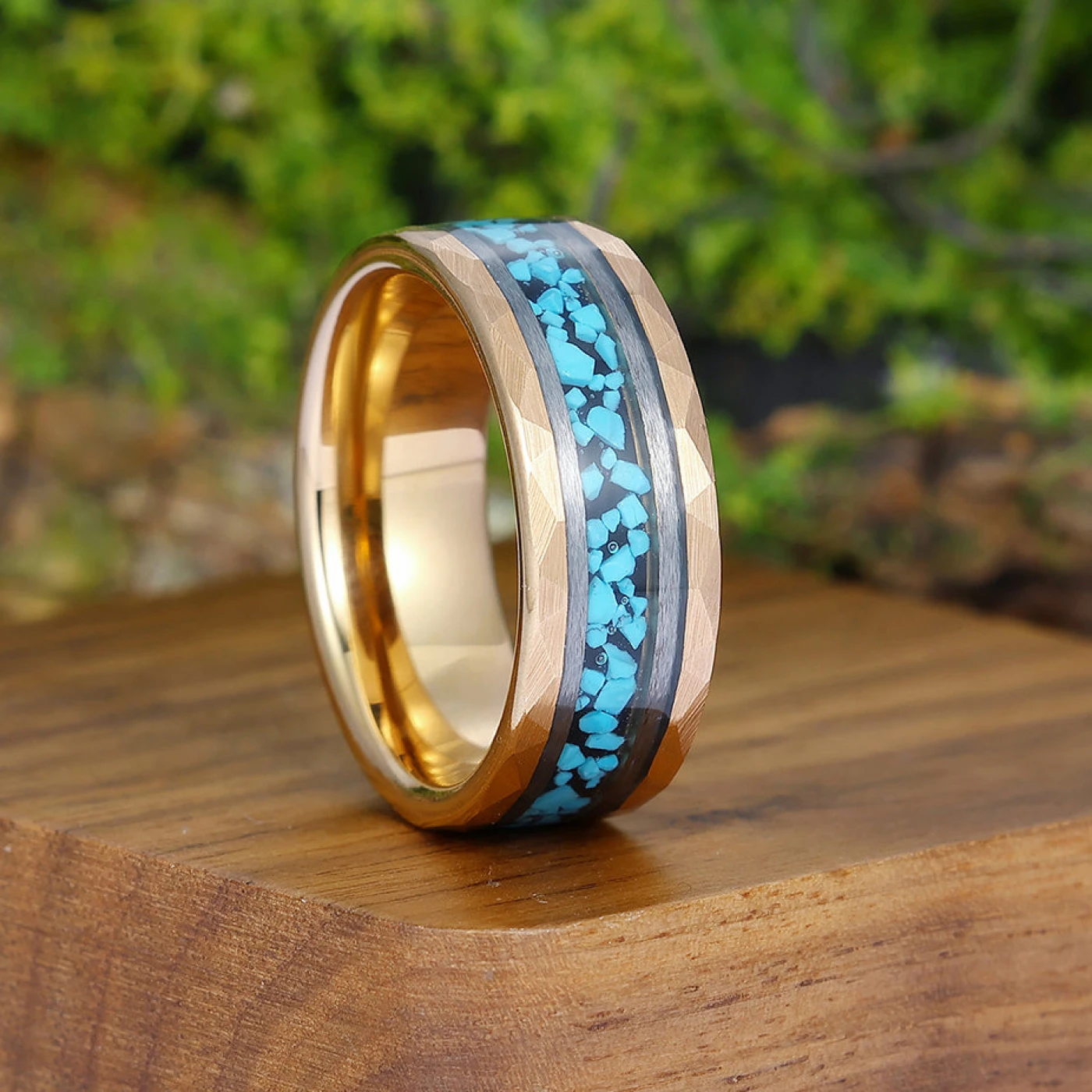 Unique Blue Green Turquoise Men' s Tungsten Ring Hammered Men And Women Anniversary Birthday Ring - view 7