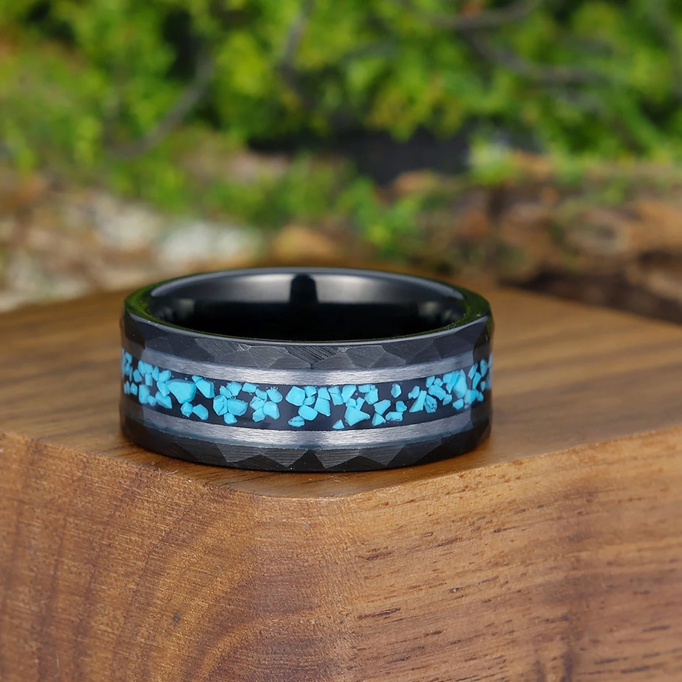 Unique Blue Green Turquoise Men' s Tungsten Ring Hammered Men And Women Anniversary Birthday Ring - view 5