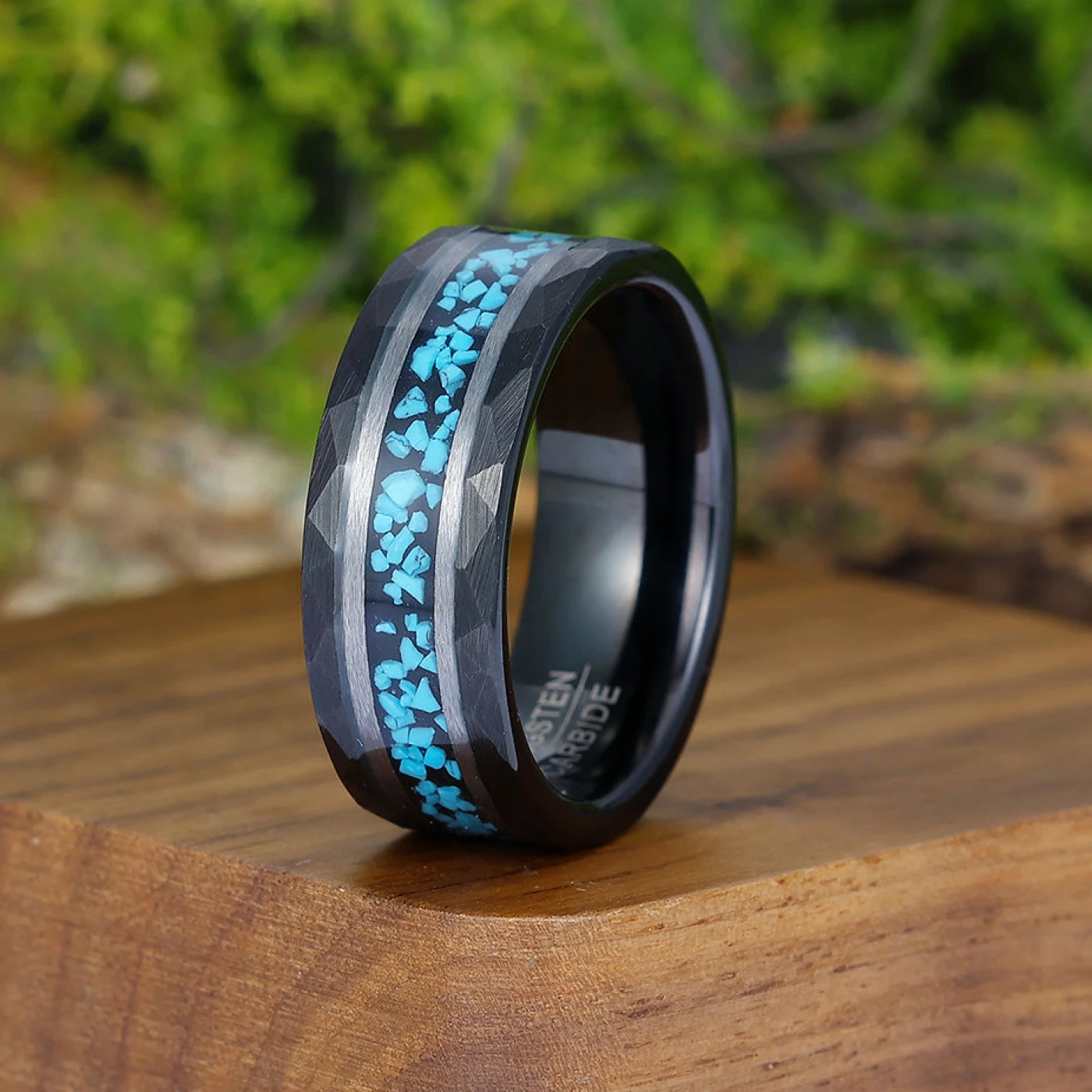 Unique Blue Green Turquoise Men' s Tungsten Ring Hammered Men And Women