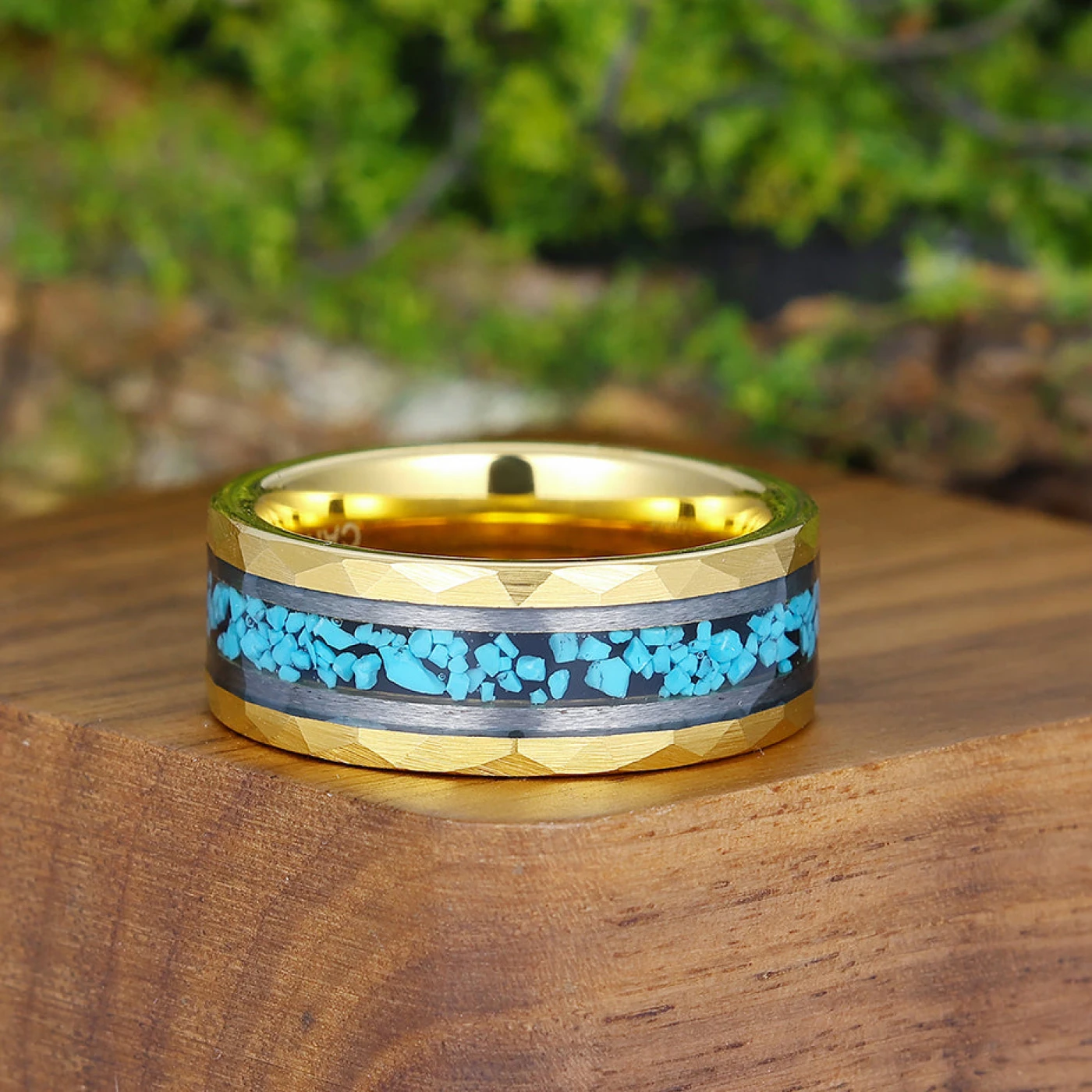 Unique Blue Green Turquoise Men' s Tungsten Ring Hammered Men And Women Anniversary Birthday Ring - view 6