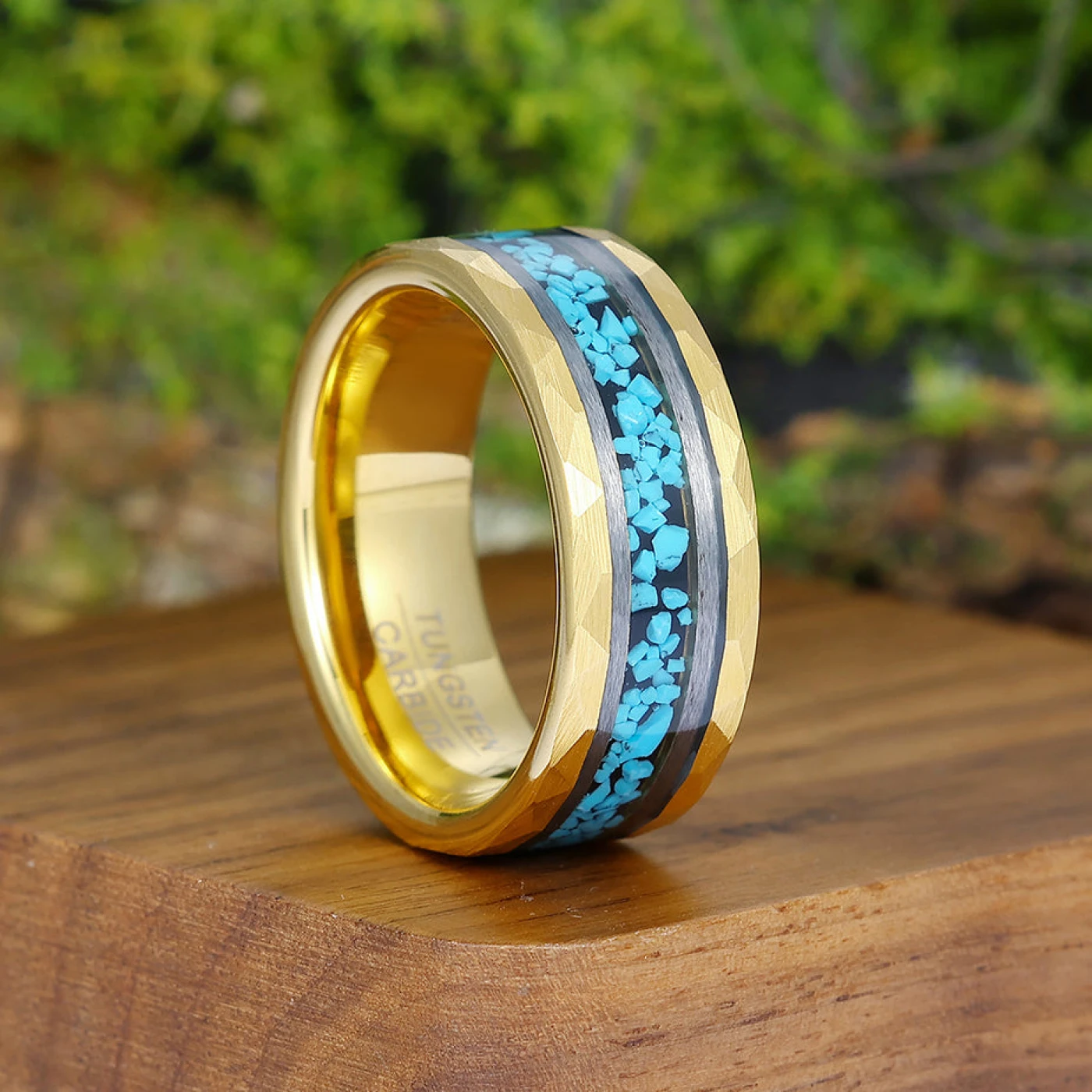 Unique Blue Green Turquoise Men' s Tungsten Ring Hammered Men And Women Anniversary Birthday Ring - view 8