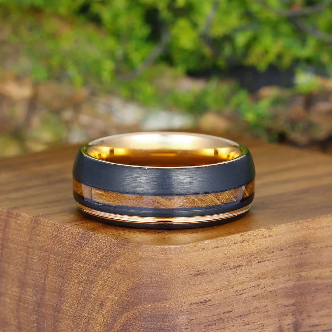 Unique Wood Strips Black Tungsten Wedding Band Men' s Promise Unisex Ring - view 2