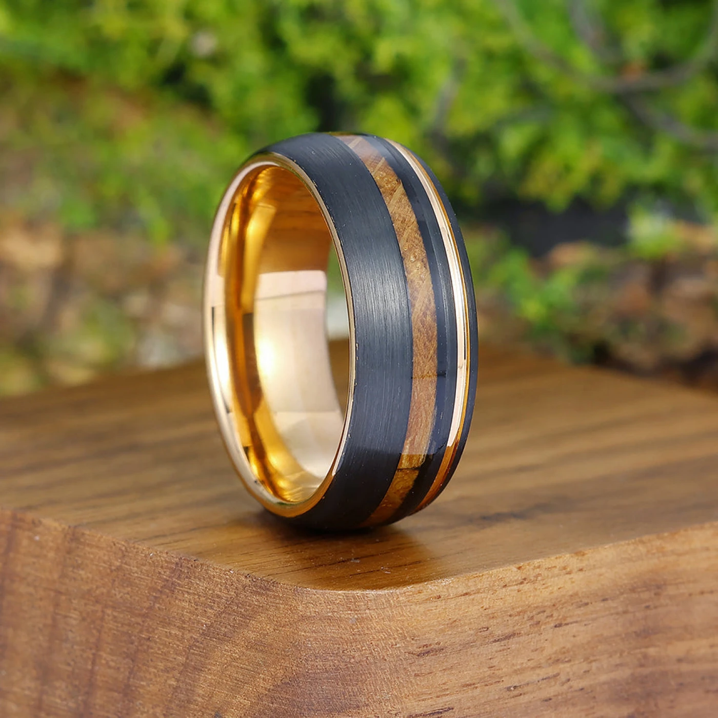 Unique Wood Strips Black Tungsten Wedding Band Men' s Promise Unisex Ring - view 4