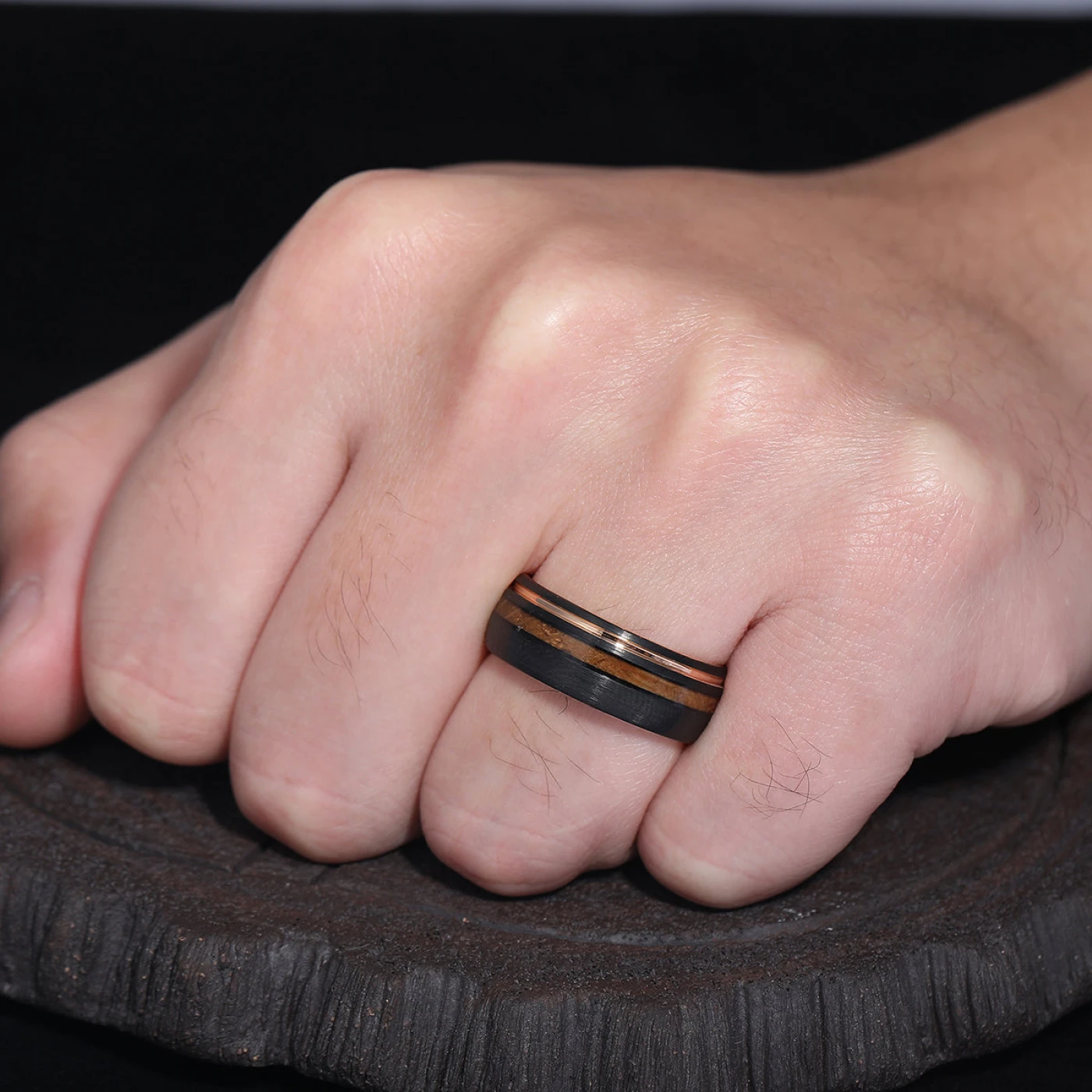 Unique Wood Strips Black Tungsten Wedding Band Men' s Promise Unisex Ring - view 5