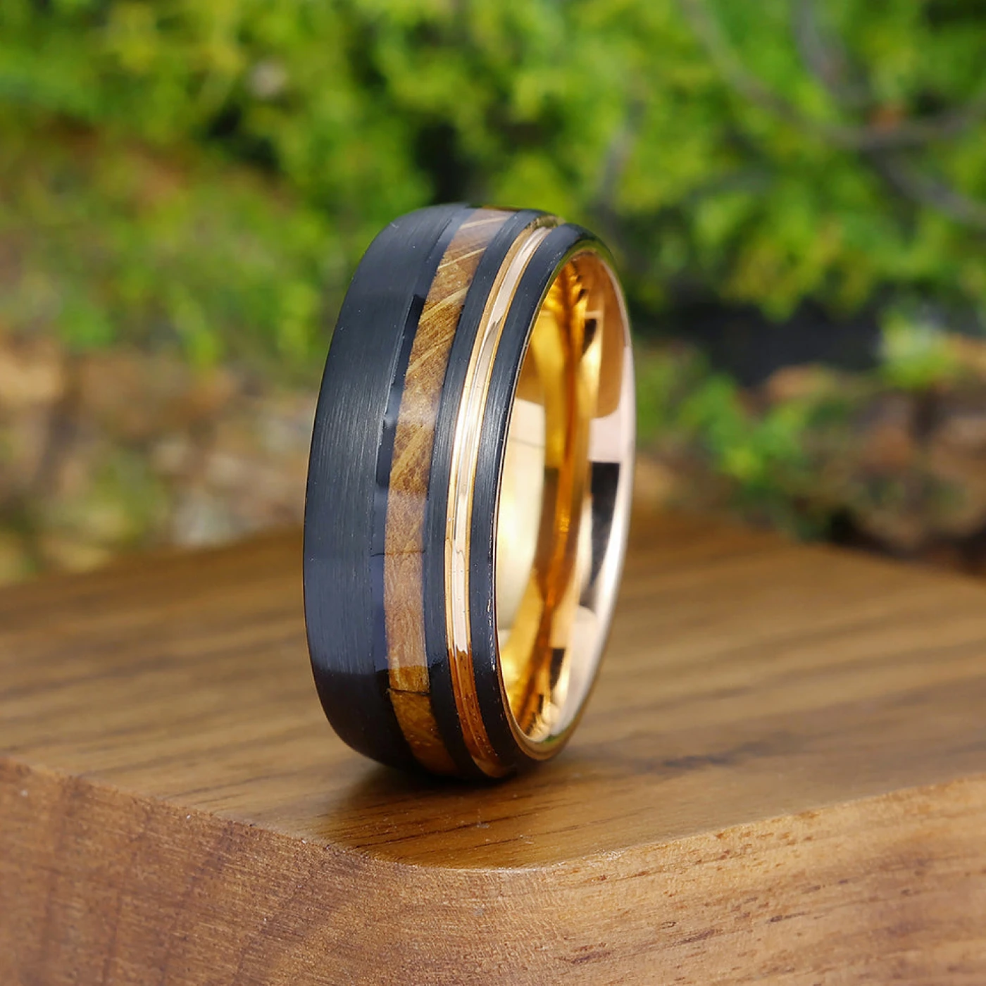 Unique Wood Strips Black Tungsten Wedding Band Men' s Promise Unisex Ring - view 3