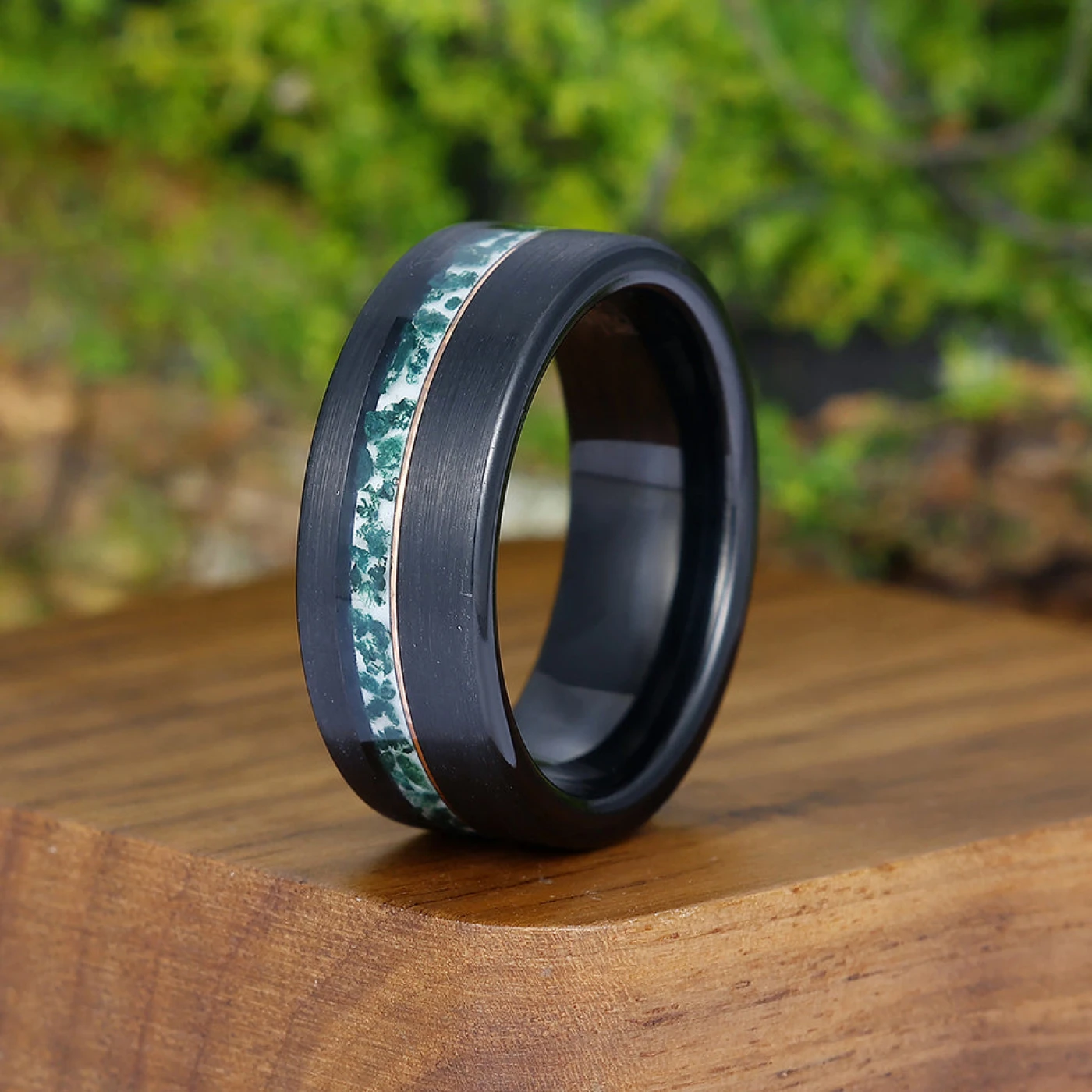 8mm Wide Men' s Tungsten Ring Rose Gold Line Black Promise Unisex Wedding Band