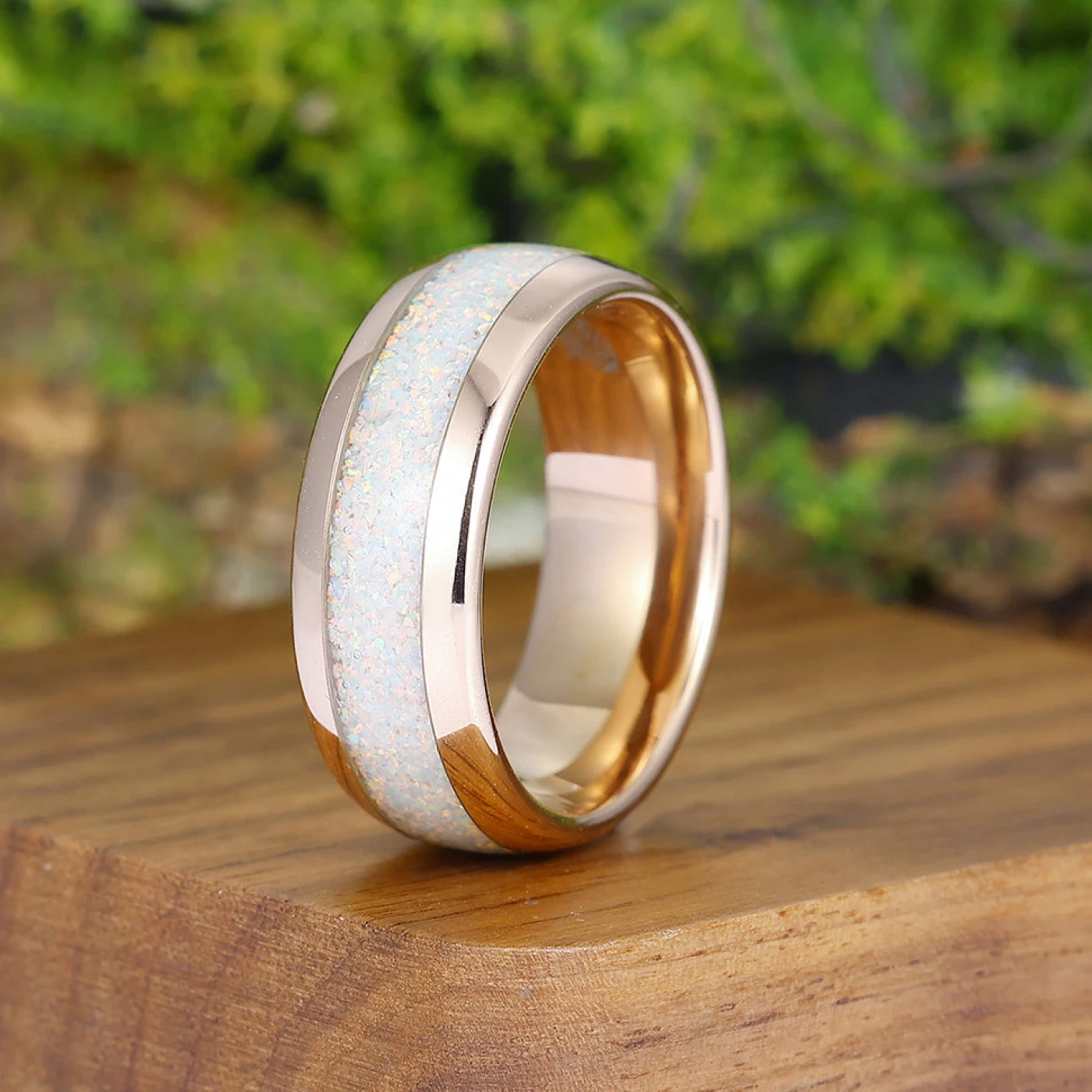 Polished Snow White Opal Men' s Tungsten Ring Rose Gold Plated Wedding Band