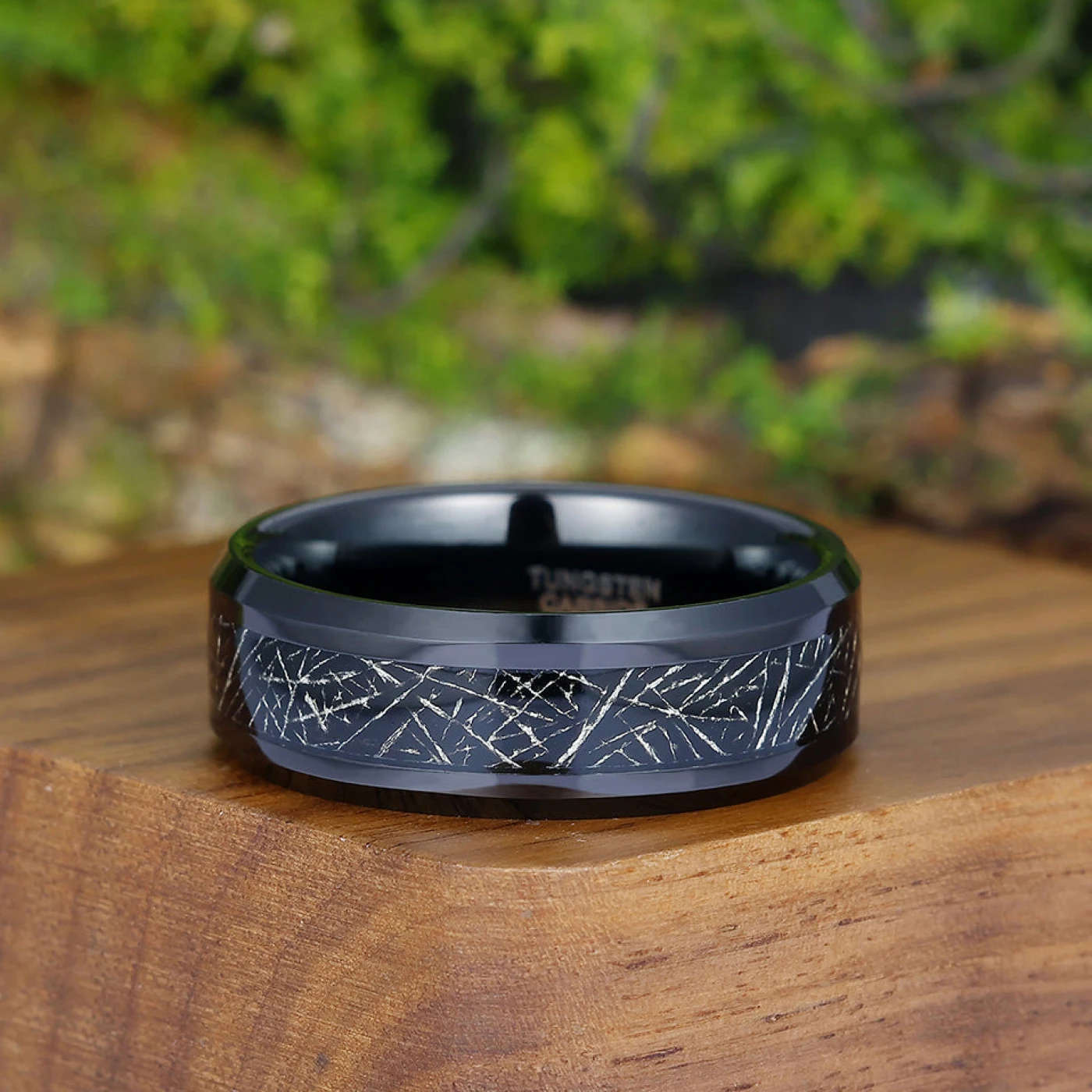 Personalized Crushed Silver Foil Tungsten Men' s Wedding Band Polished Beveled Edge Black Unisex Ring - view 4