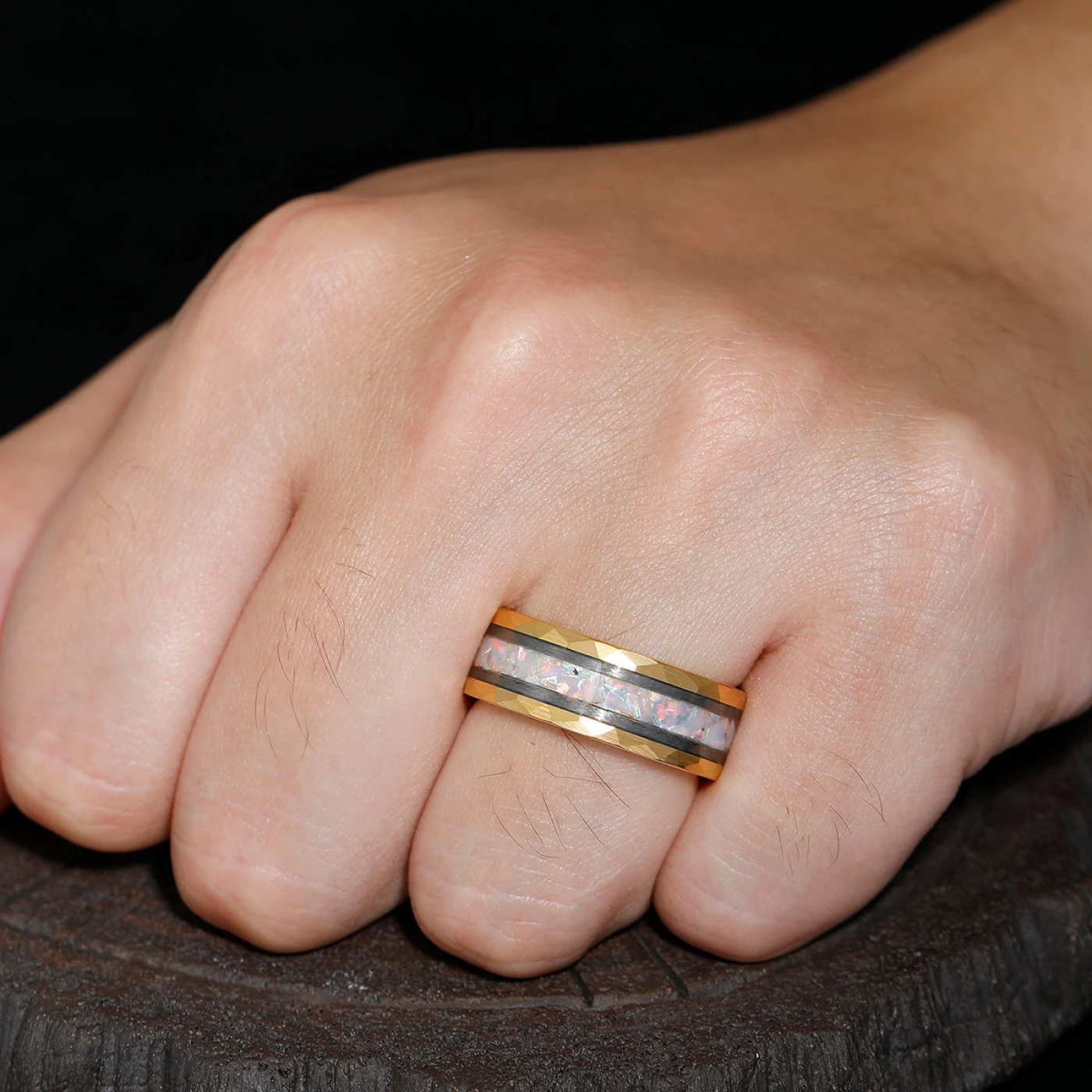 Pink White Opal Men's 8mm Tungsten Wedding Ring - Black, Rose Gold, Yellow Gold Anniversary & Promise Ring - view 7