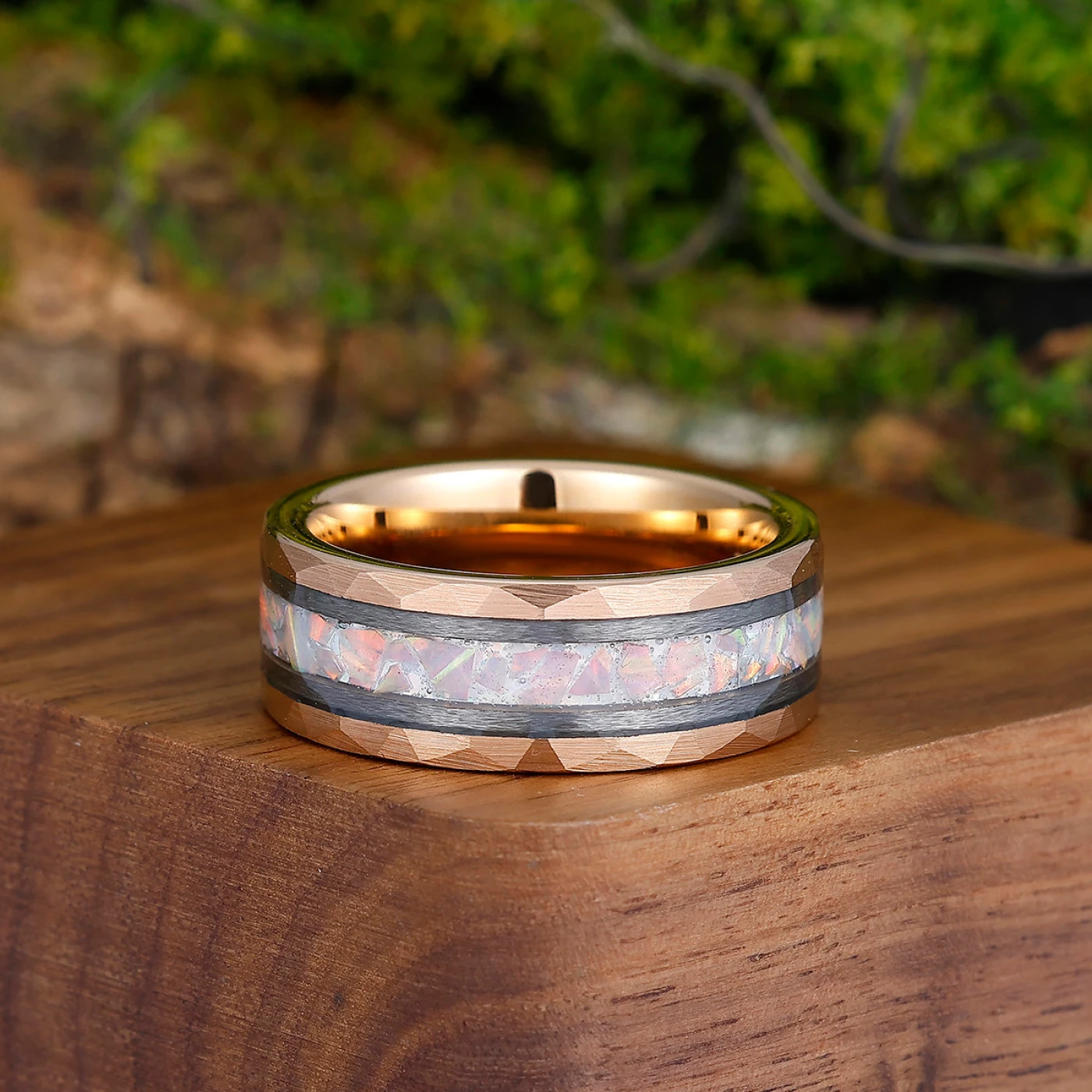 Pink White Opal Men's 8mm Tungsten Wedding Ring - Black, Rose Gold, Yellow Gold Anniversary & Promise Ring - view 4