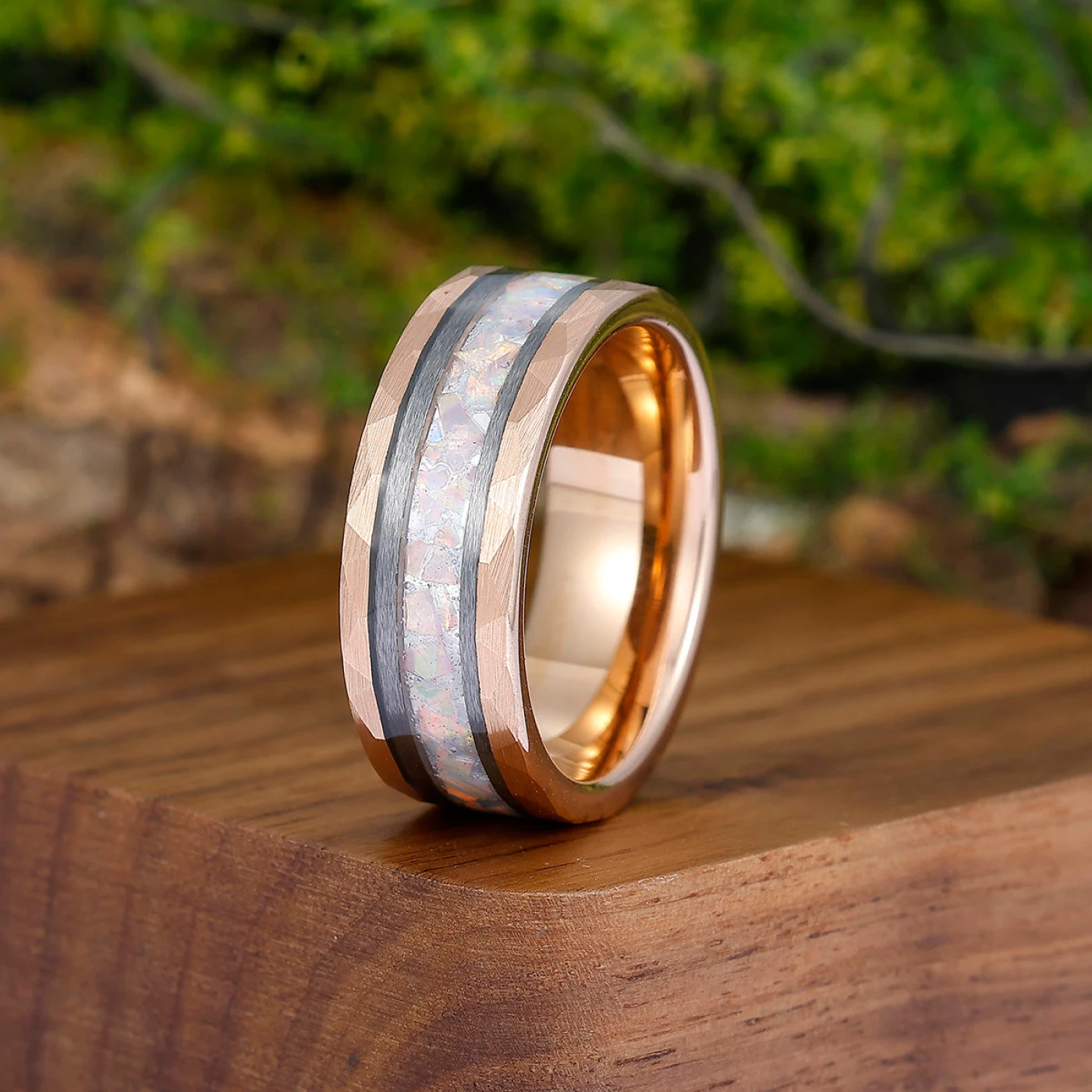 Pink White Opal Men's 8mm Tungsten Wedding Ring - Black, Rose Gold, Yellow Gold Anniversary & Promise Ring - view 3