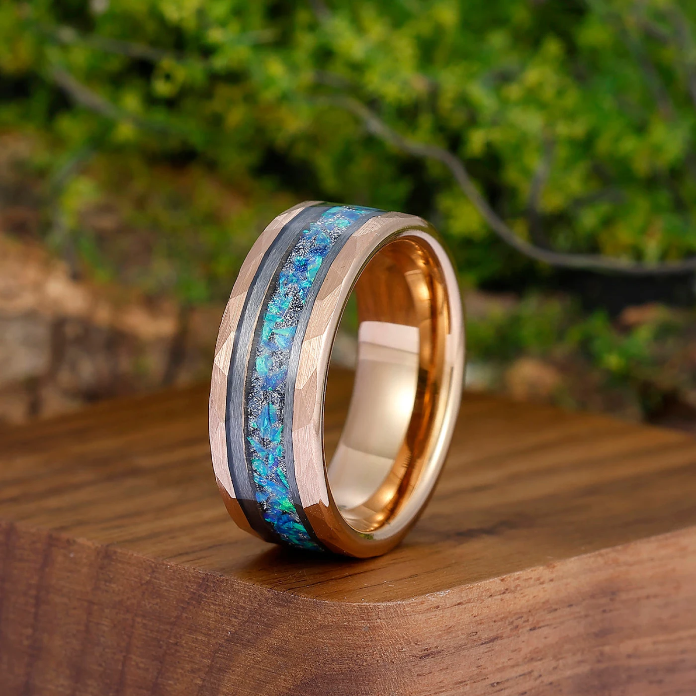 Elegant Men's 8mm Tungsten Ring Blue Opal Inset - Black, Rose Gold
