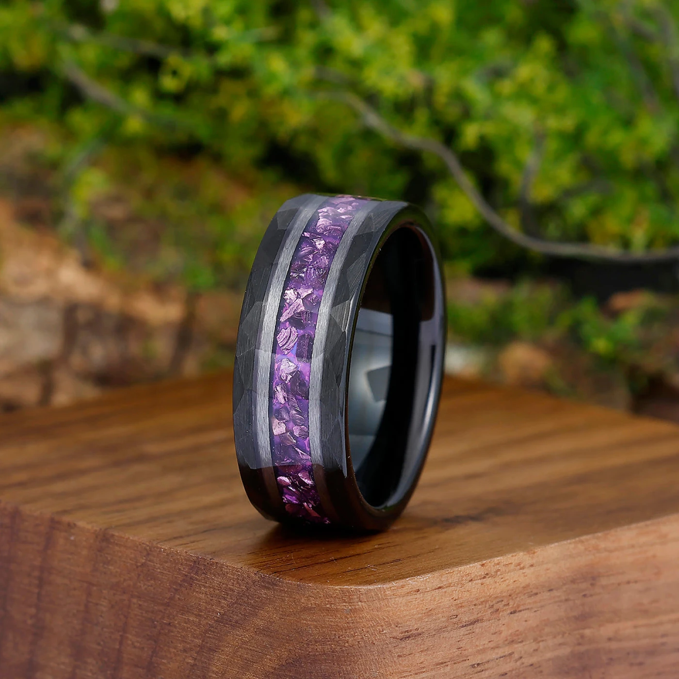 Amethyst Gemstone Inset Wedding Band Men's 8mm Personalized Anniversary Hammered Tungsten Ring - view 6