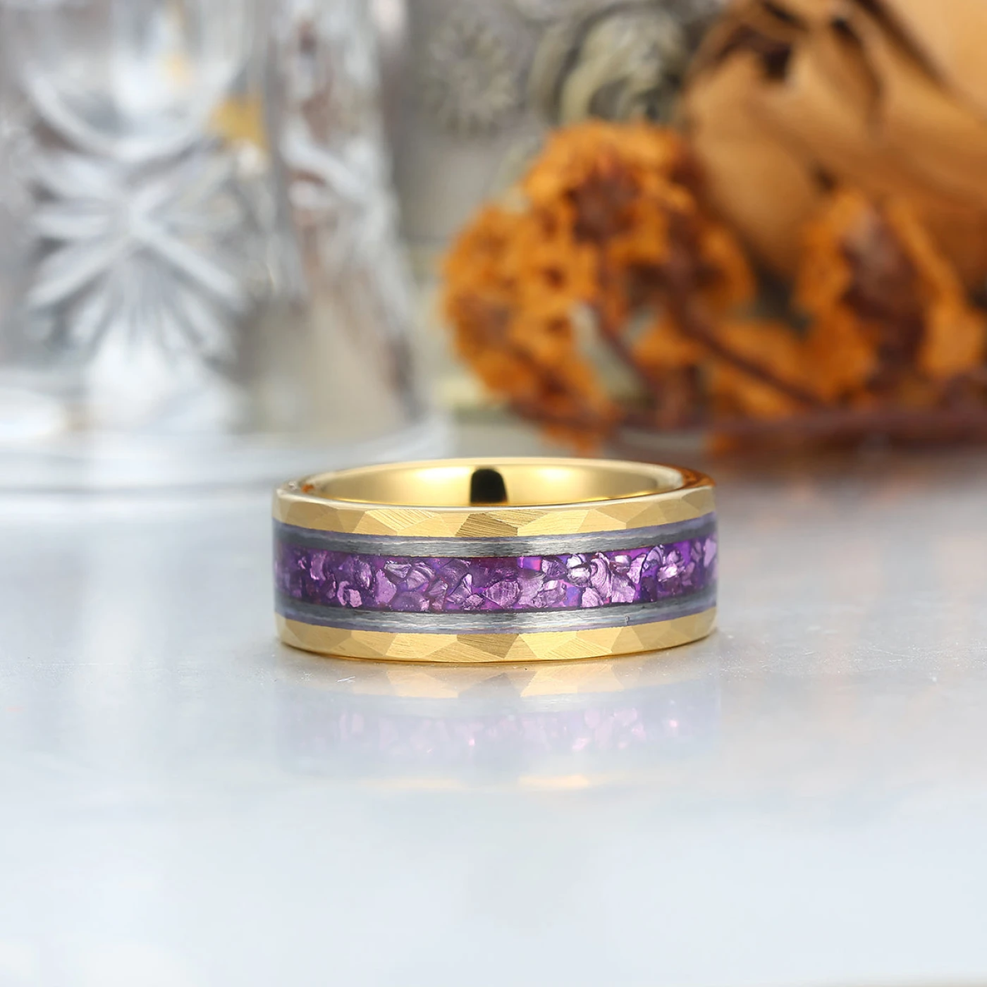 Amethyst Gemstone Inset Wedding Band Men's 8mm Personalized Anniversary Hammered Tungsten Ring - view 4