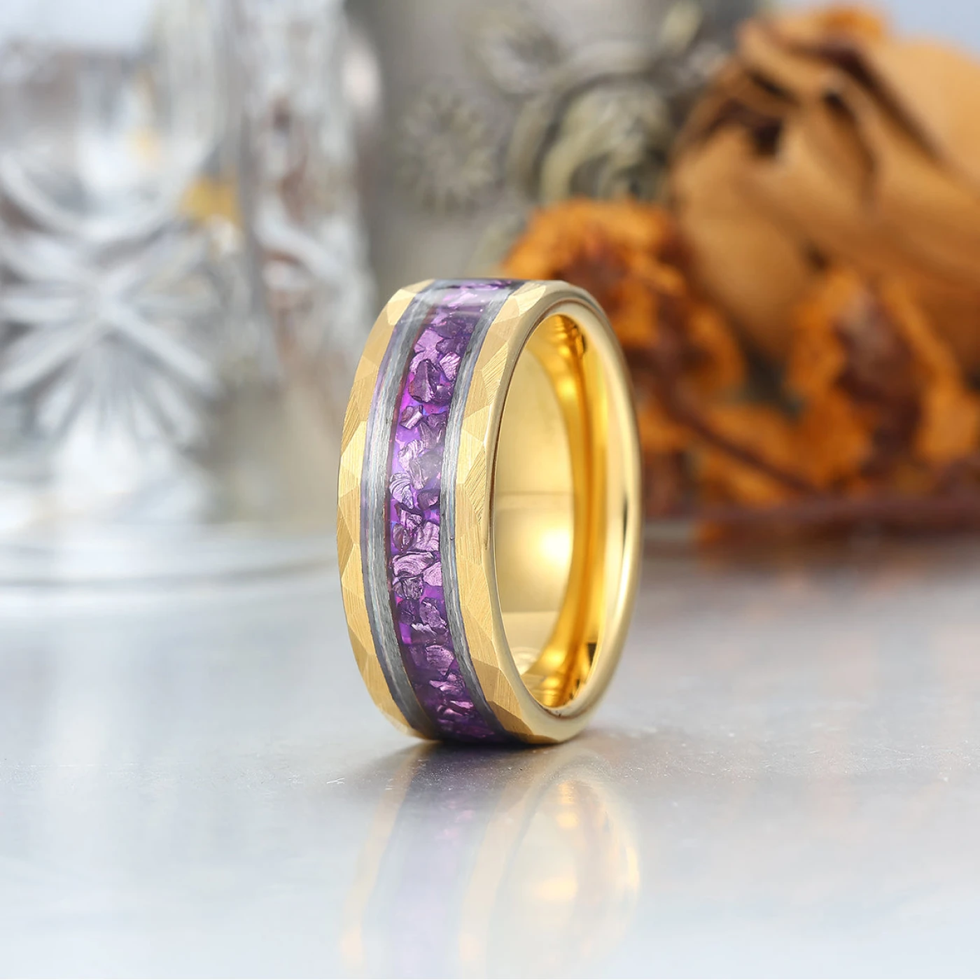 Amethyst Gemstone Inset Wedding Band Men's 8mm Personalized Anniversary Hammered Tungsten Ring - view 3