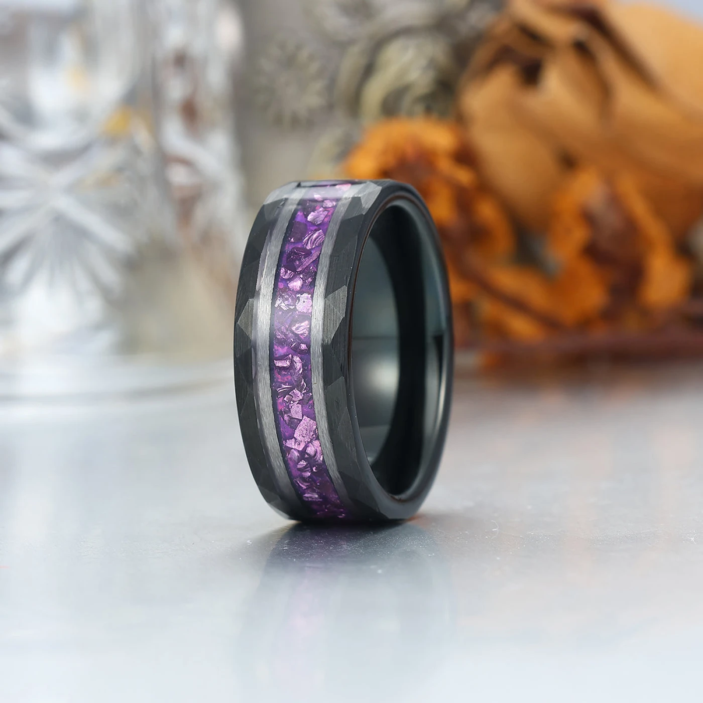 Amethyst Gemstone Inset Wedding Band Men's 8mm Personalized