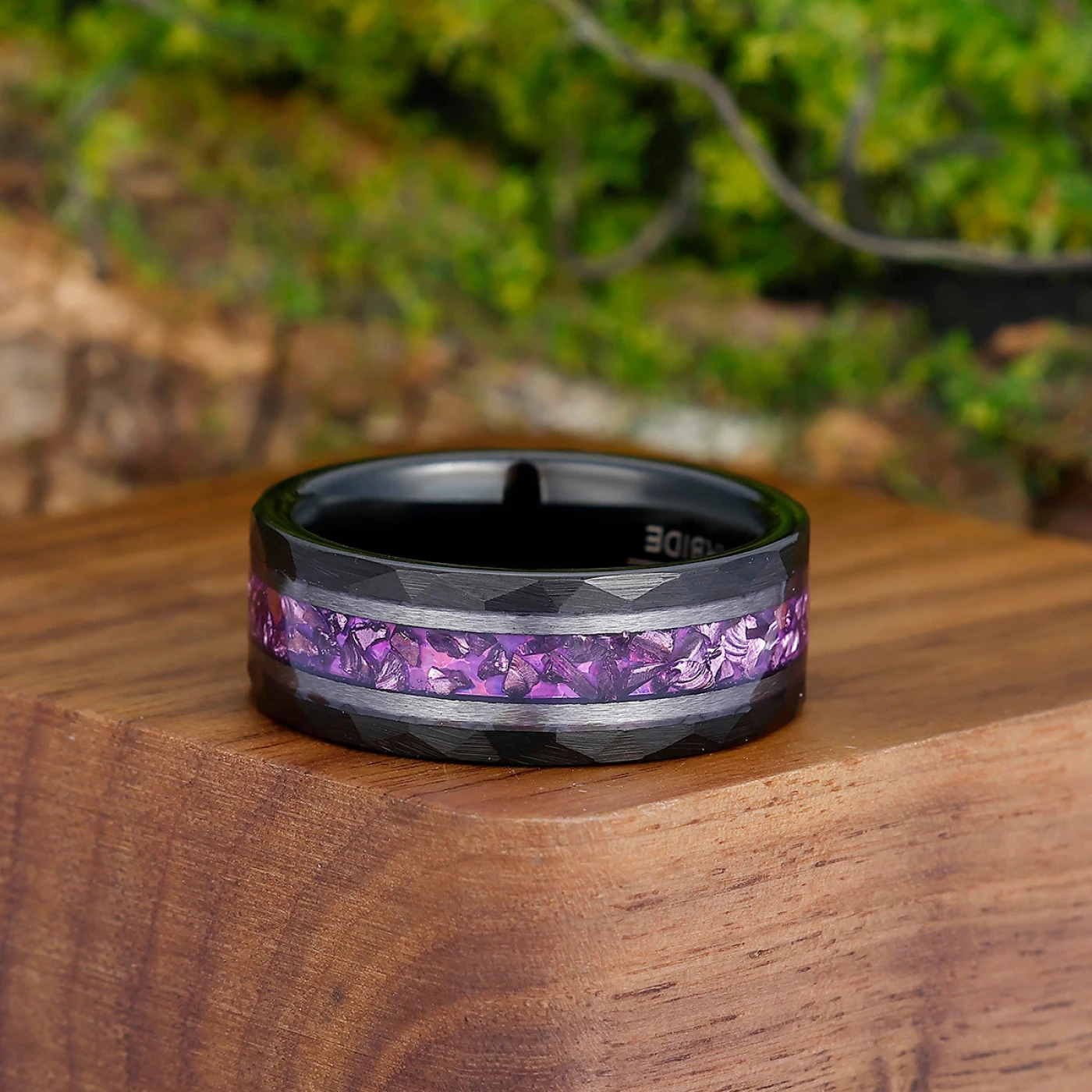 Amethyst Gemstone Inset Wedding Band Men's 8mm Personalized Anniversary Hammered Tungsten Ring - view 9