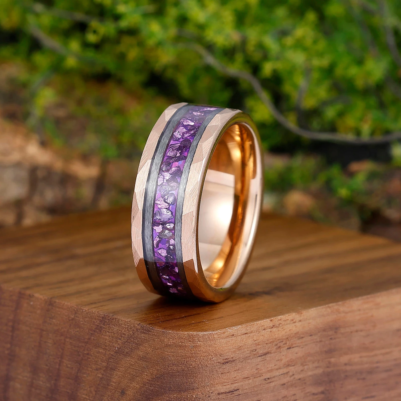 Amethyst Gemstone Inset Wedding Band Men's 8mm Personalized Anniversary Hammered Tungsten Ring - view 10