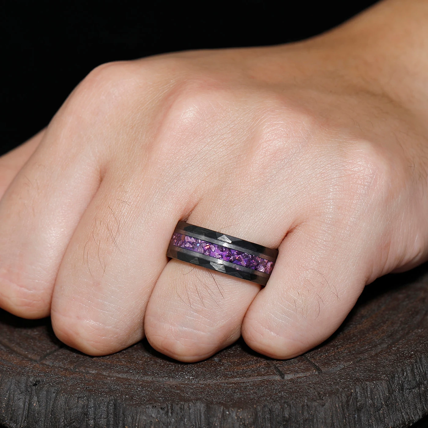 Amethyst Gemstone Inset Wedding Band Men's 8mm Personalized Anniversary Hammered Tungsten Ring - view 14